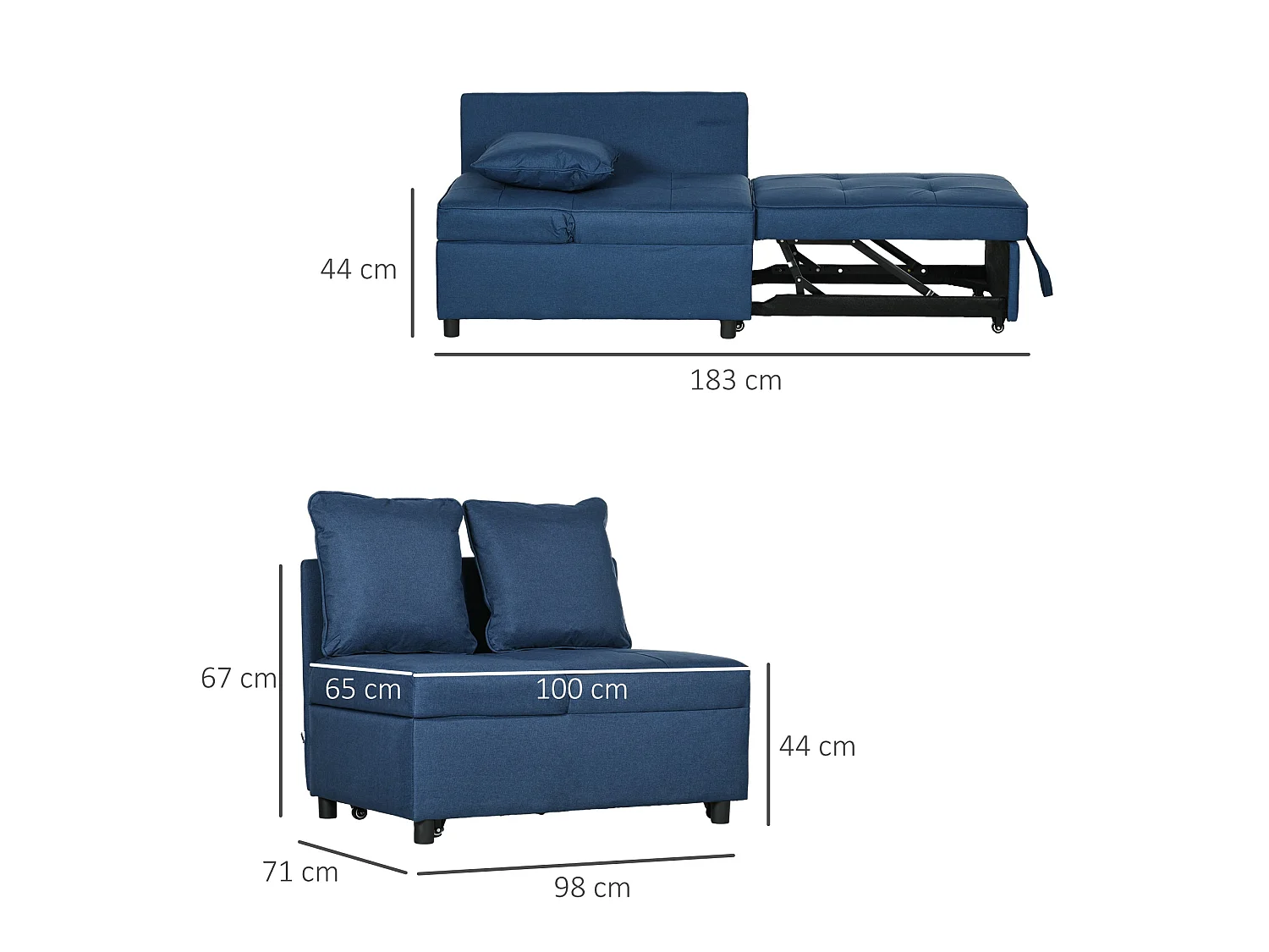 Sumima Fabric Blue Convertible Single Sofa Bed 5 Position Adjustable Back Fold Out Design