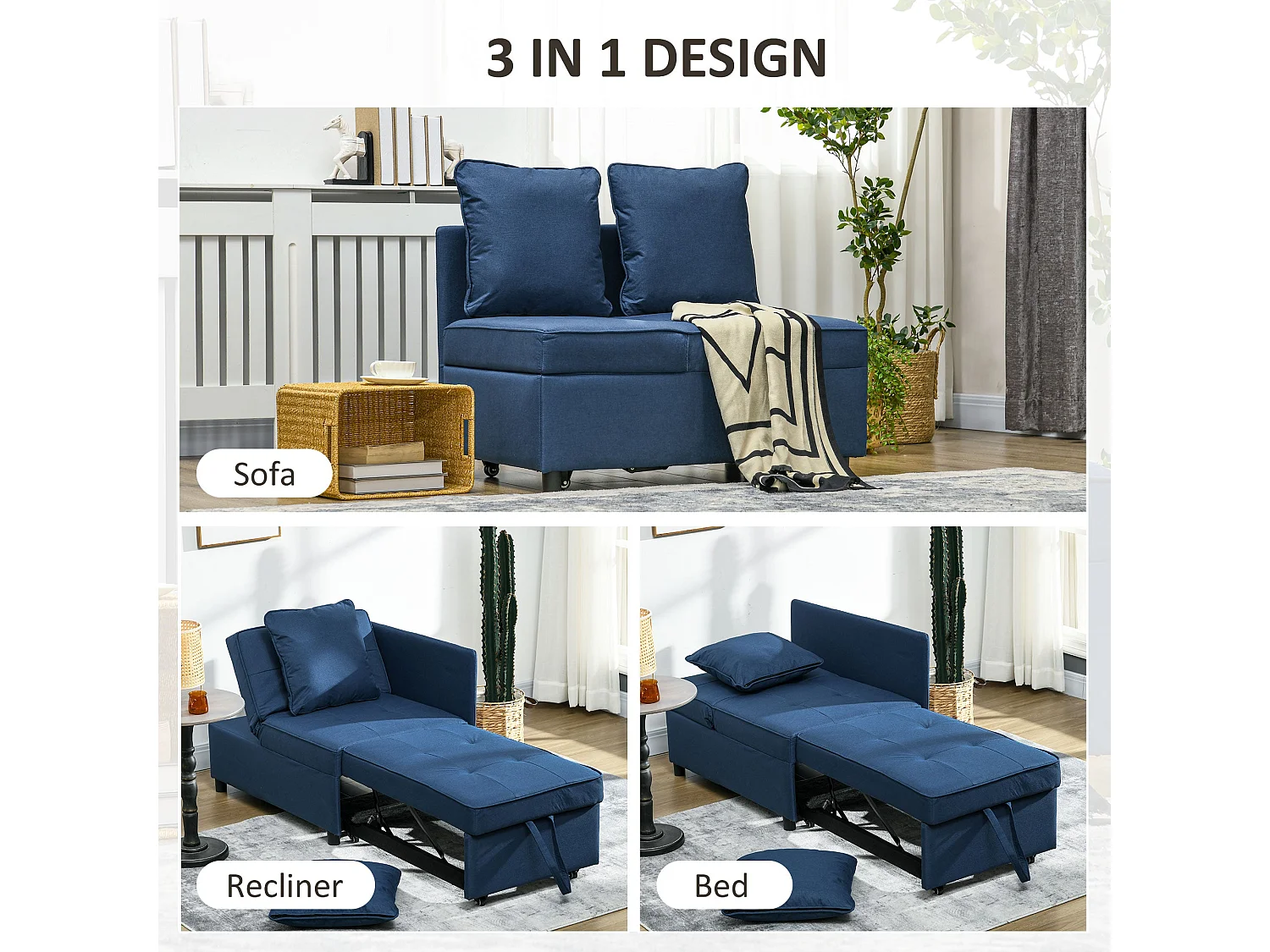 Sumima Fabric Blue Convertible Single Sofa Bed 5 Position Adjustable Back Fold Out Design