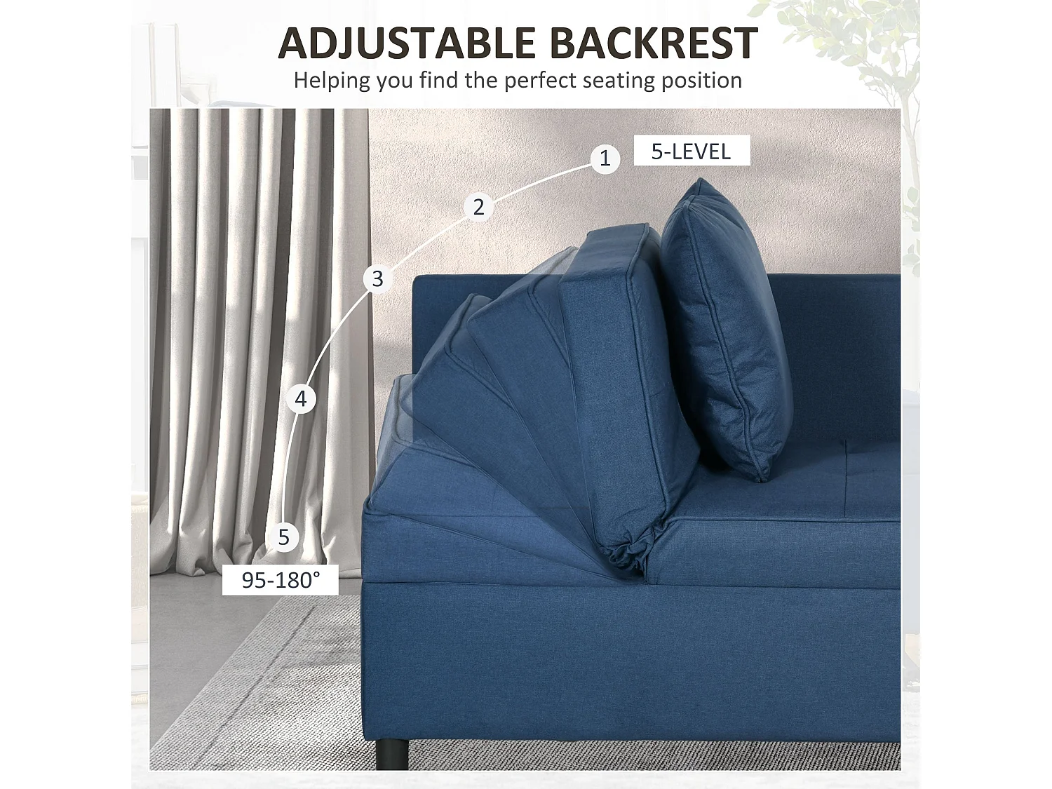 Sumima Fabric Blue Convertible Single Sofa Bed 5 Position Adjustable Back Fold Out Design