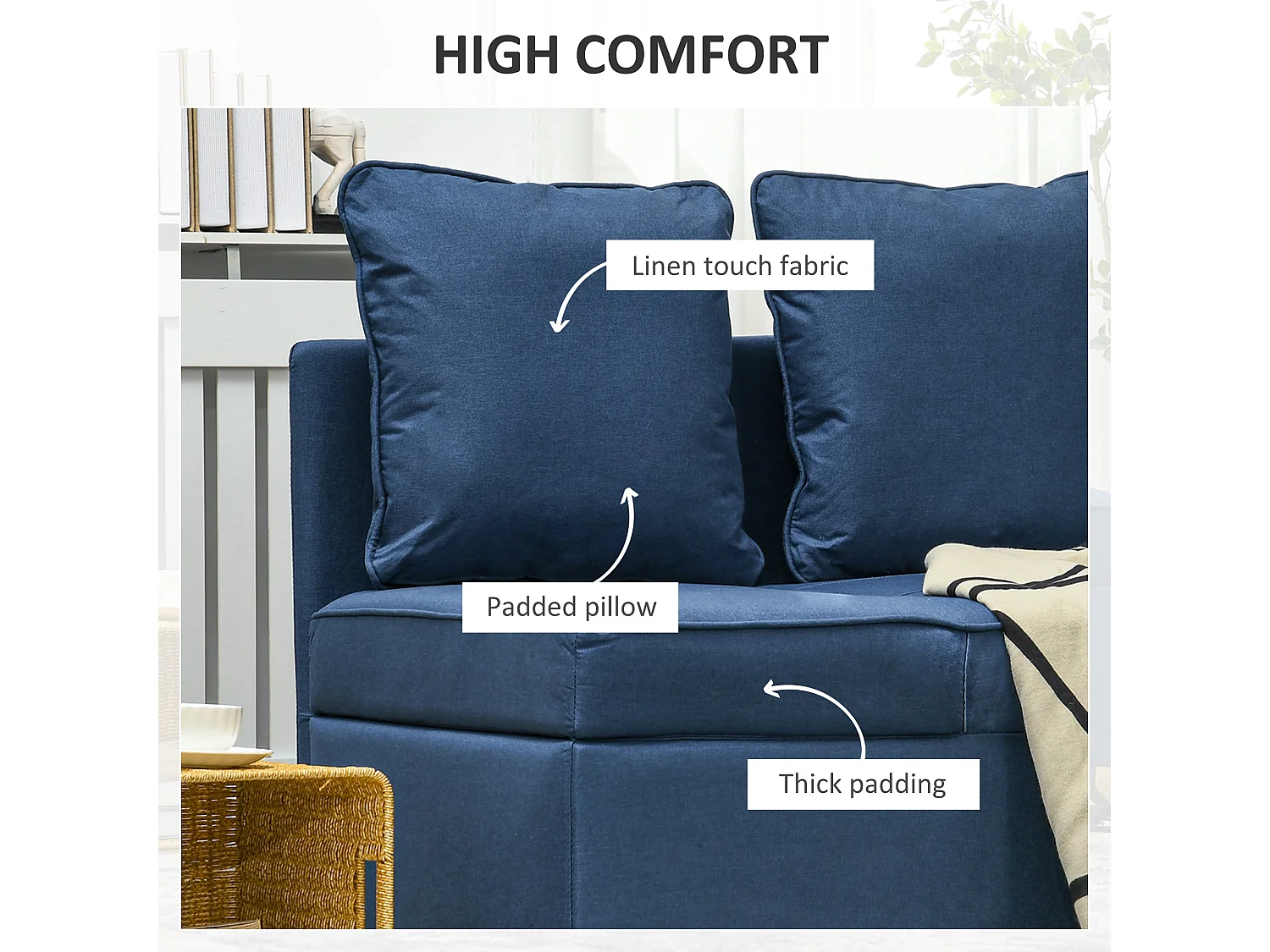 Sumima Fabric Blue Convertible Single Sofa Bed 5 Position Adjustable Back Fold Out Design