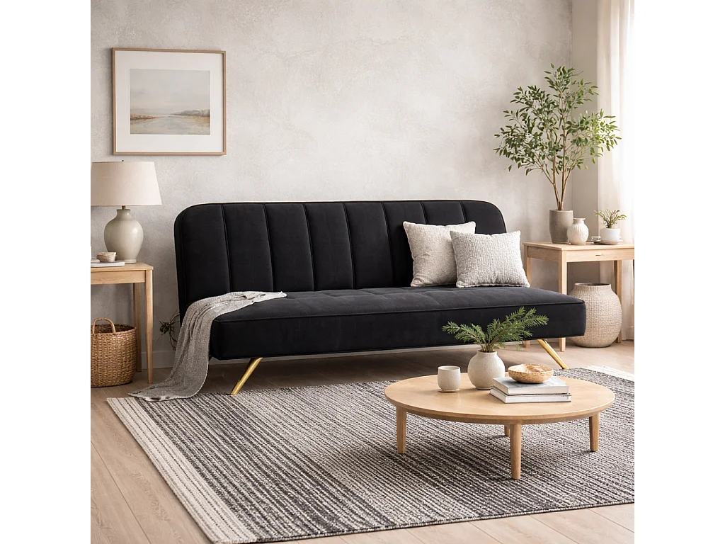 Malahide Black Velvet Tufted Sofa Bed with Gold Metal Legs 1 Seater