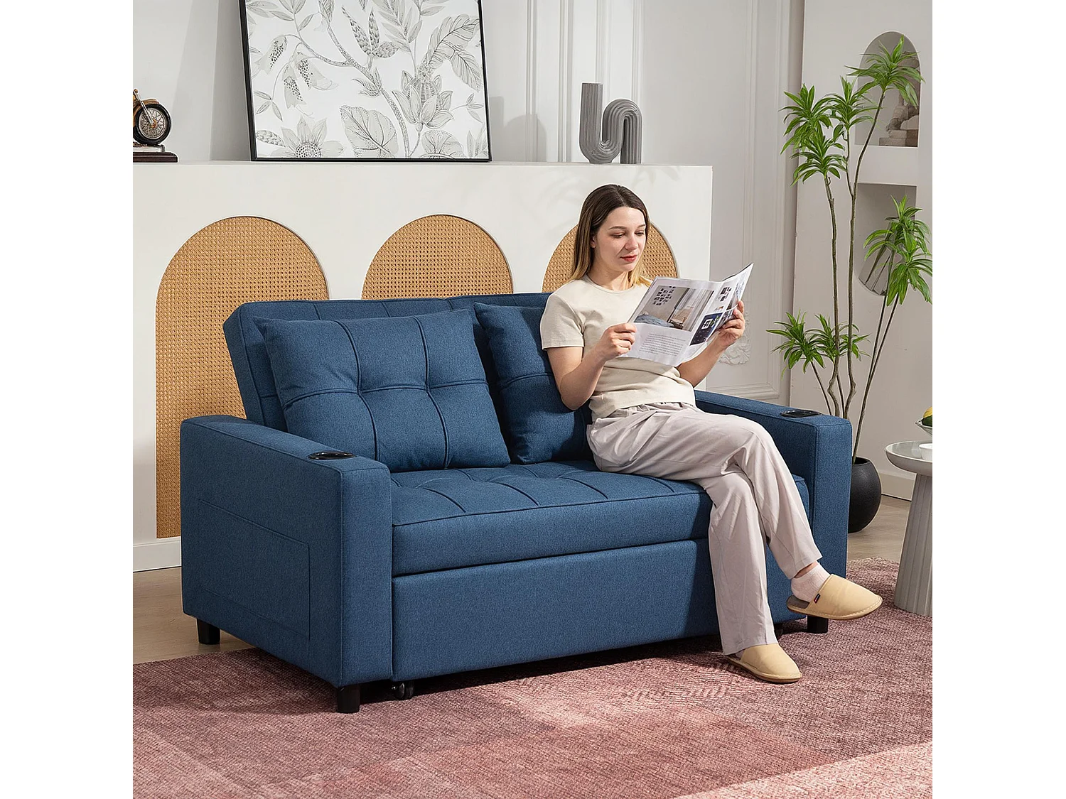 Mizifi Dark Blue 2 Seater Pull Out Sofa Bed Linen Look Fabric