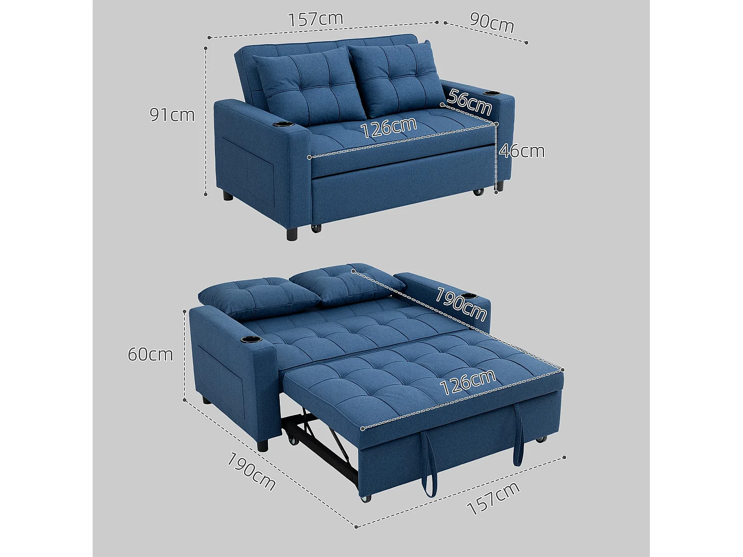 Mizifi Dark Blue 2 Seater Pull Out Sofa Bed Linen Look Fabric
