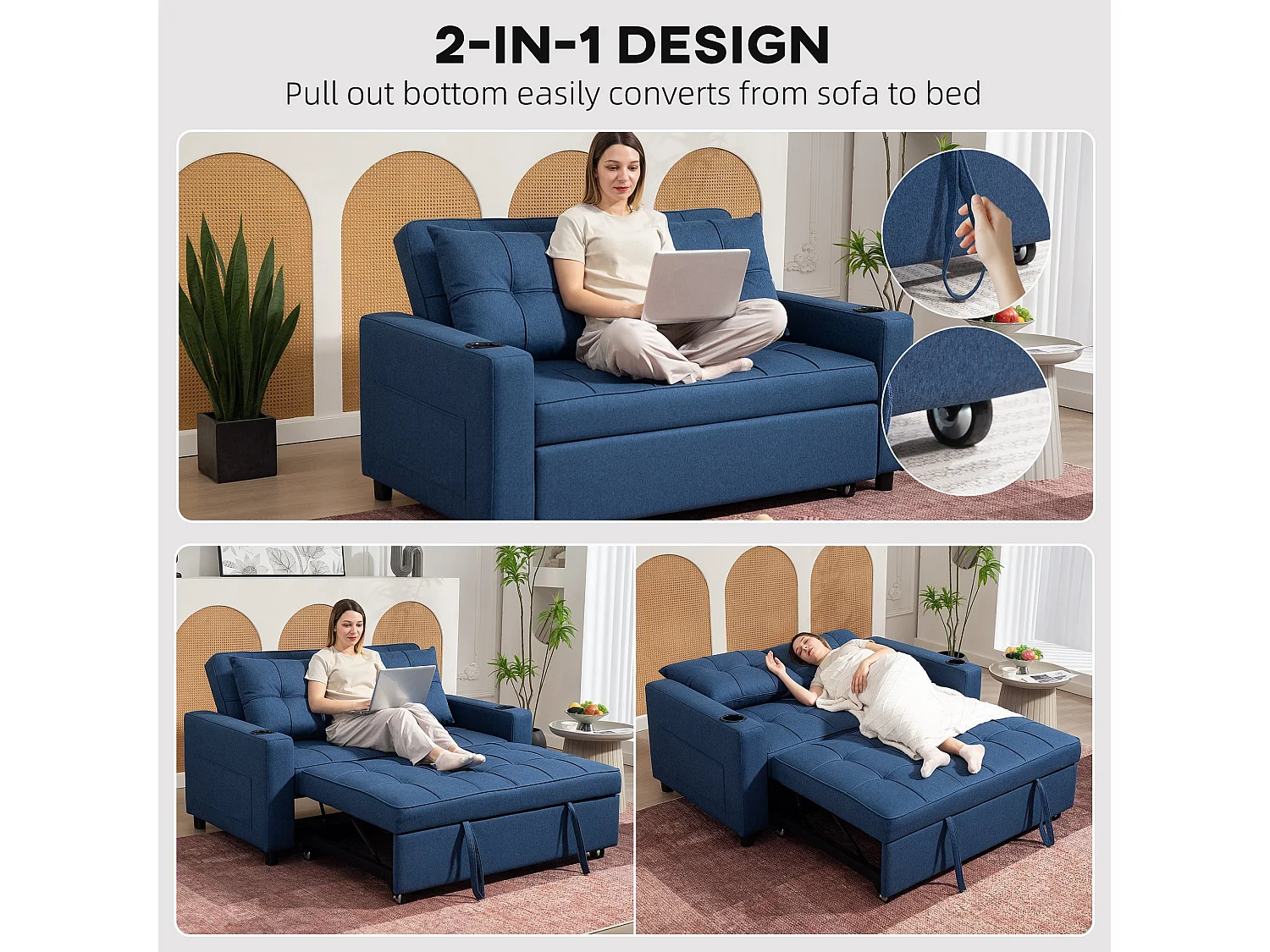 Mizifi Dark Blue 2 Seater Pull Out Sofa Bed Linen Look Fabric
