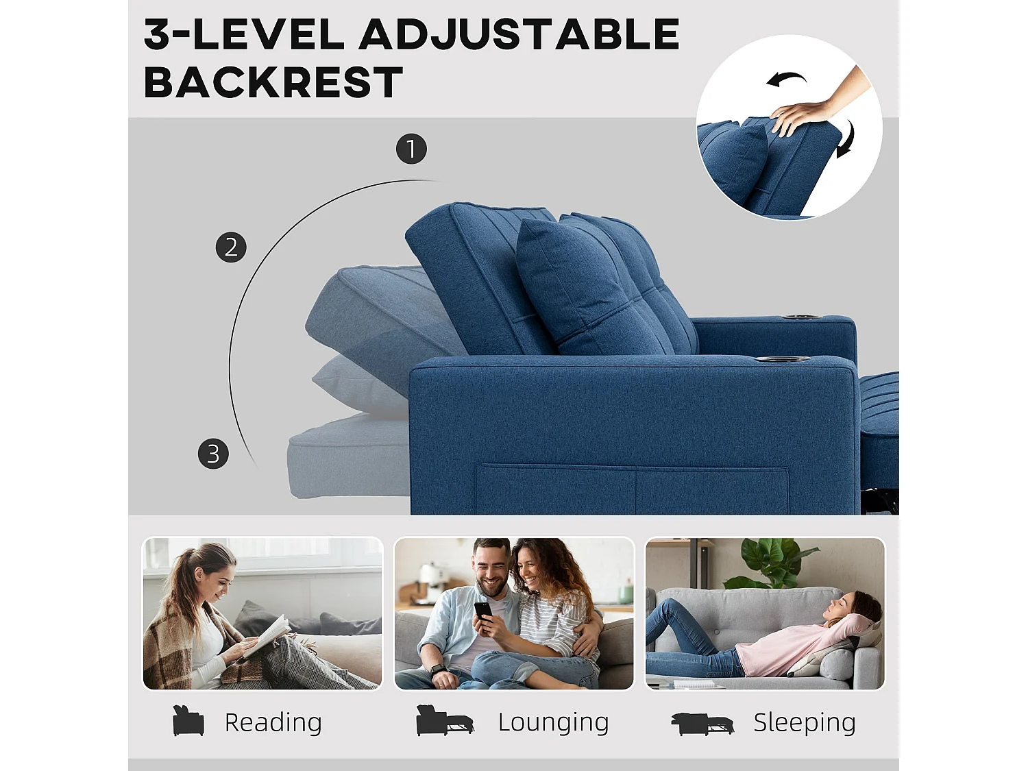 Mizifi Dark Blue 2 Seater Pull Out Sofa Bed Linen Look Fabric
