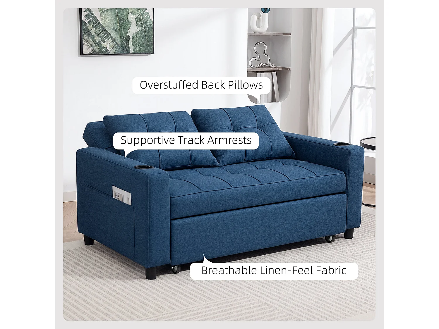 Mizifi Dark Blue 2 Seater Pull Out Sofa Bed Linen Look Fabric