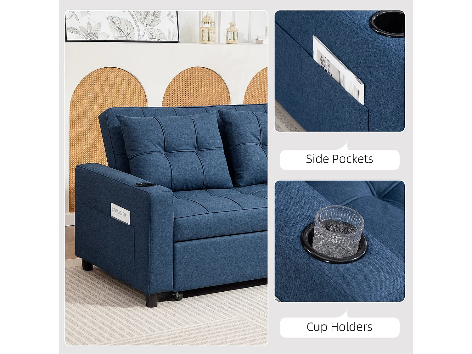 Mizifi Dark Blue 2 Seater Pull Out Sofa Bed Linen Look Fabric