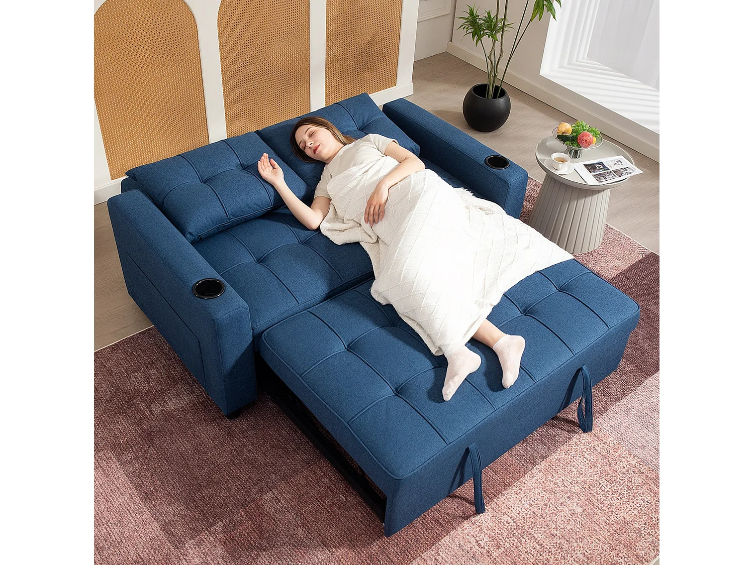 Mizifi Dark Blue 2 Seater Pull Out Sofa Bed Linen Look Fabric