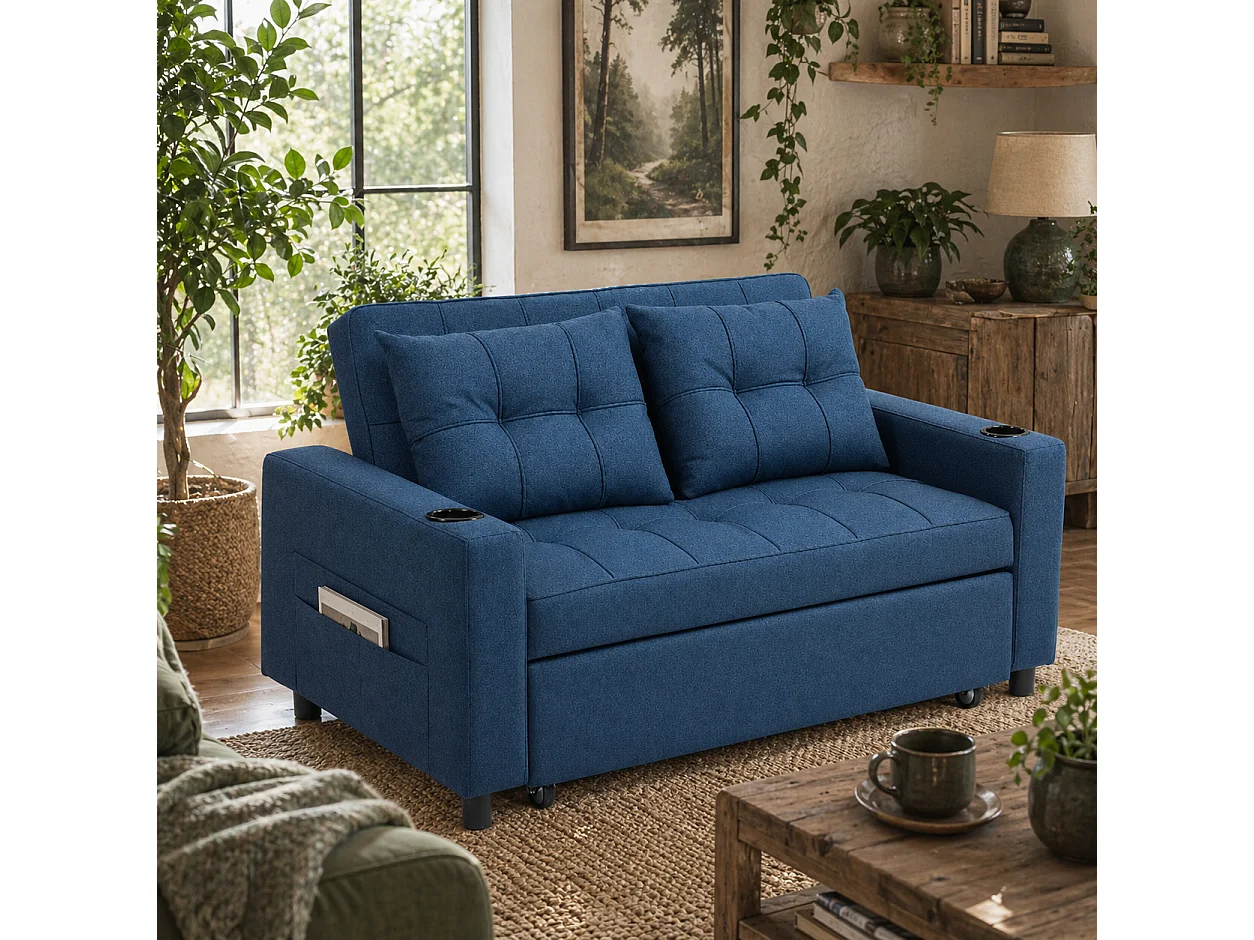 Mizifi Dark Blue 2 Seater Pull Out Sofa Bed Linen Look Fabric