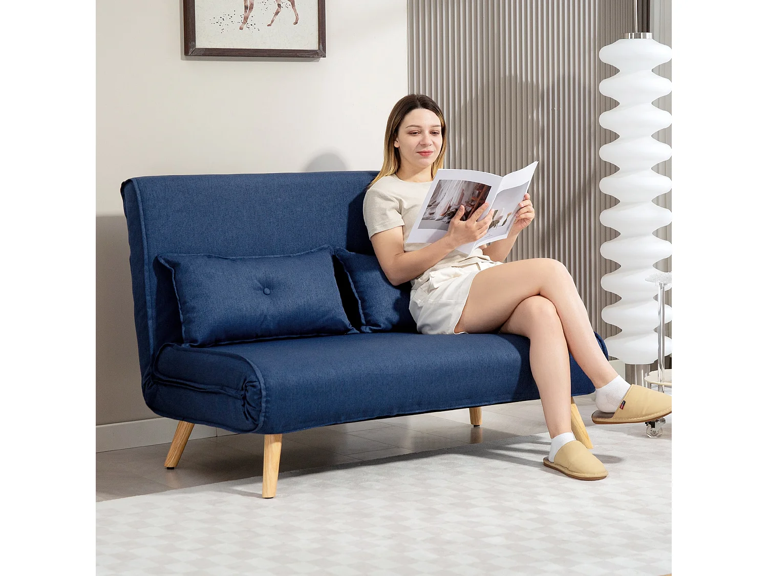 Roluzi Linen Look Dark Blue 2 Seater Sofa Bed
