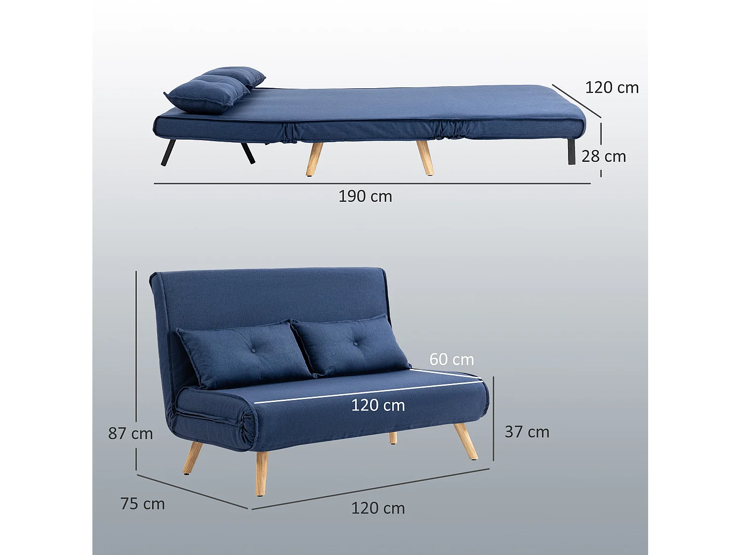 Roluzi Linen Look Dark Blue 2 Seater Sofa Bed