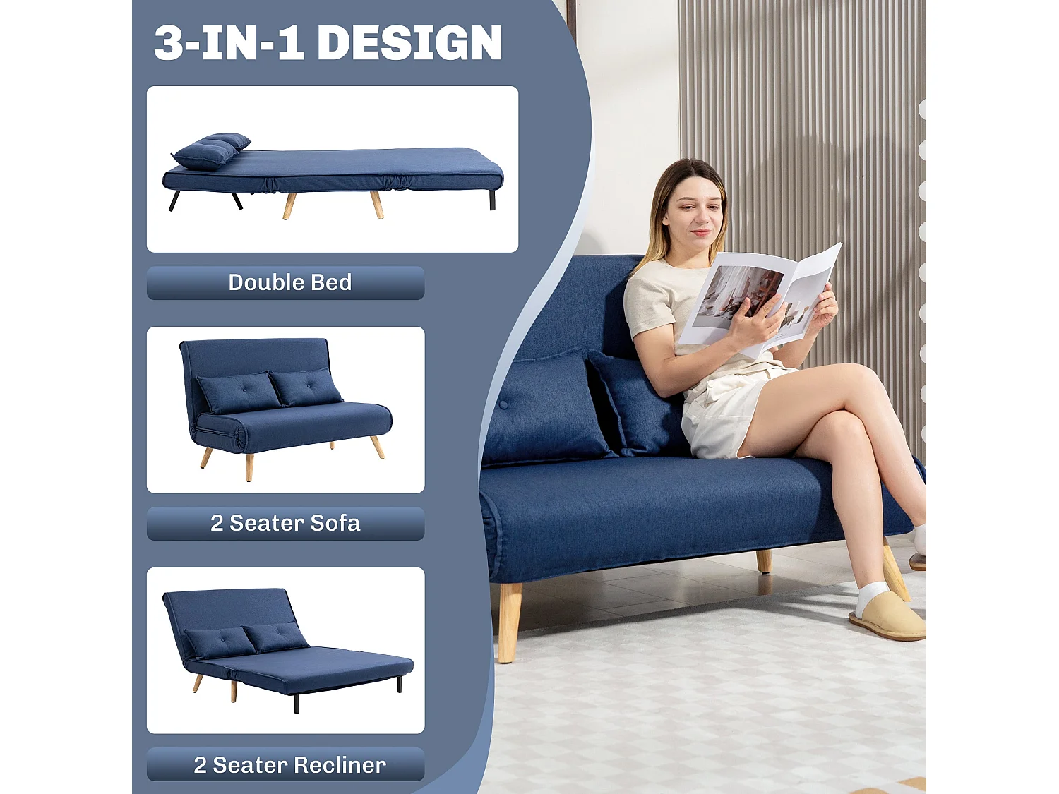 Roluzi Linen Look Dark Blue 2 Seater Sofa Bed