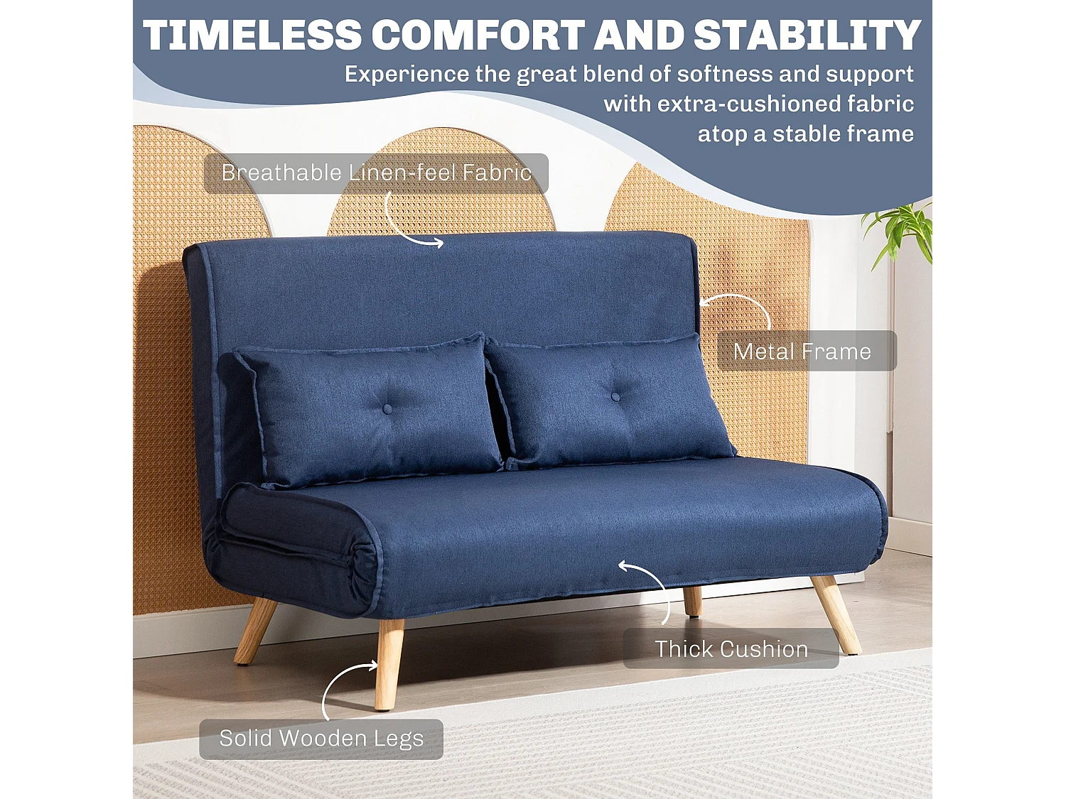 Roluzi Linen Look Dark Blue 2 Seater Sofa Bed