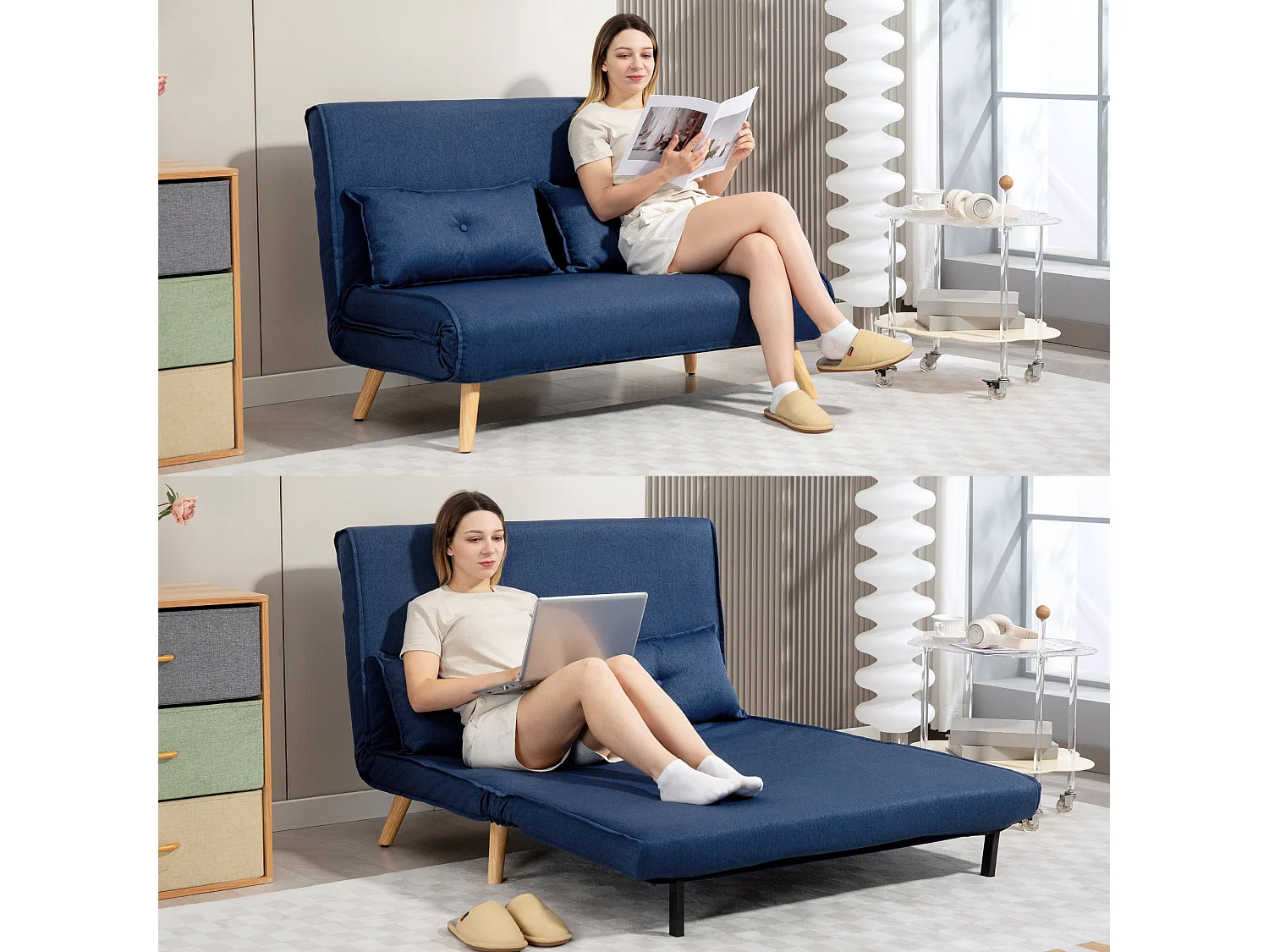 Roluzi Linen Look Dark Blue 2 Seater Sofa Bed