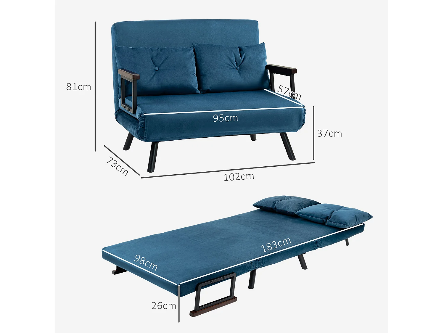 Lenasu Nasa Velvet Feel Blue 4 in 1 Convertible Double Sofa Bed with Cushions