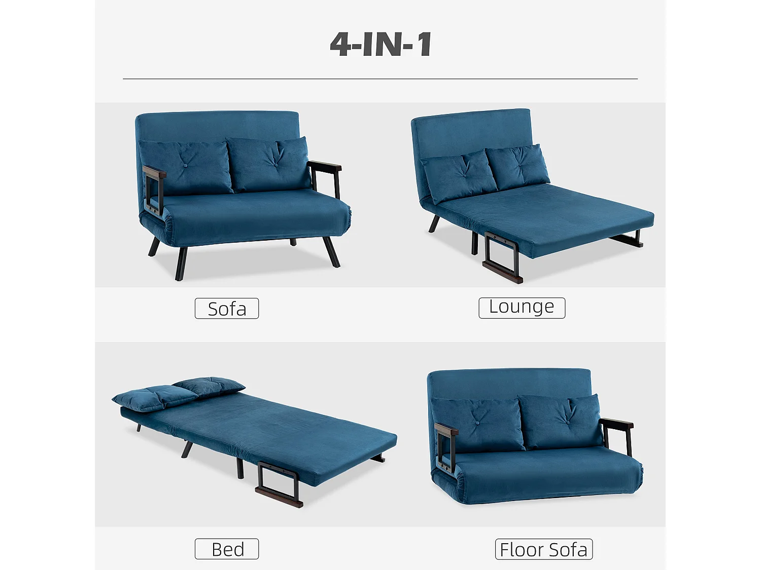 Lenasu Nasa Velvet Feel Blue 4 in 1 Convertible Double Sofa Bed with Cushions