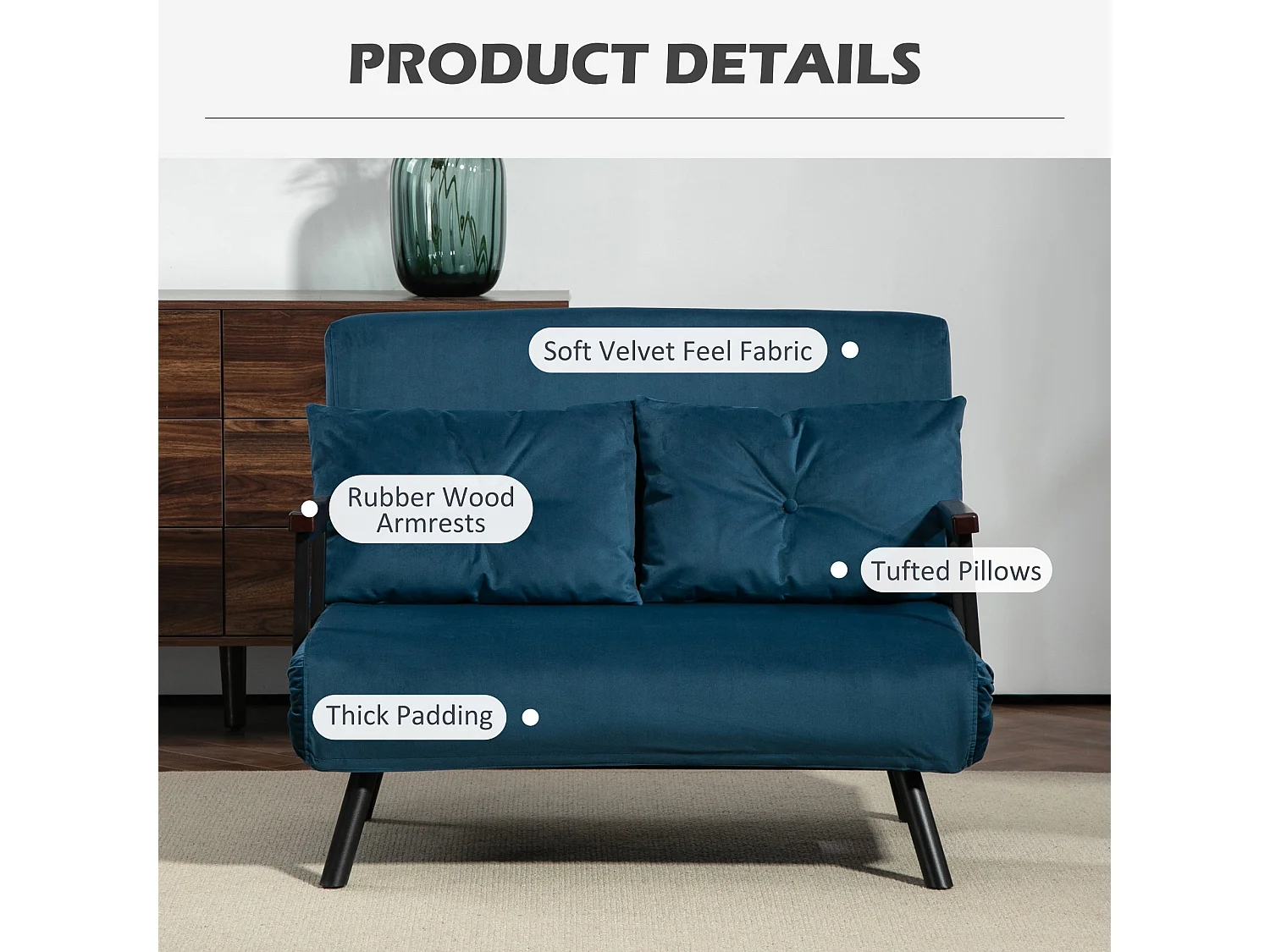 Lenasu Nasa Velvet Feel Blue 4 in 1 Convertible Double Sofa Bed with Cushions