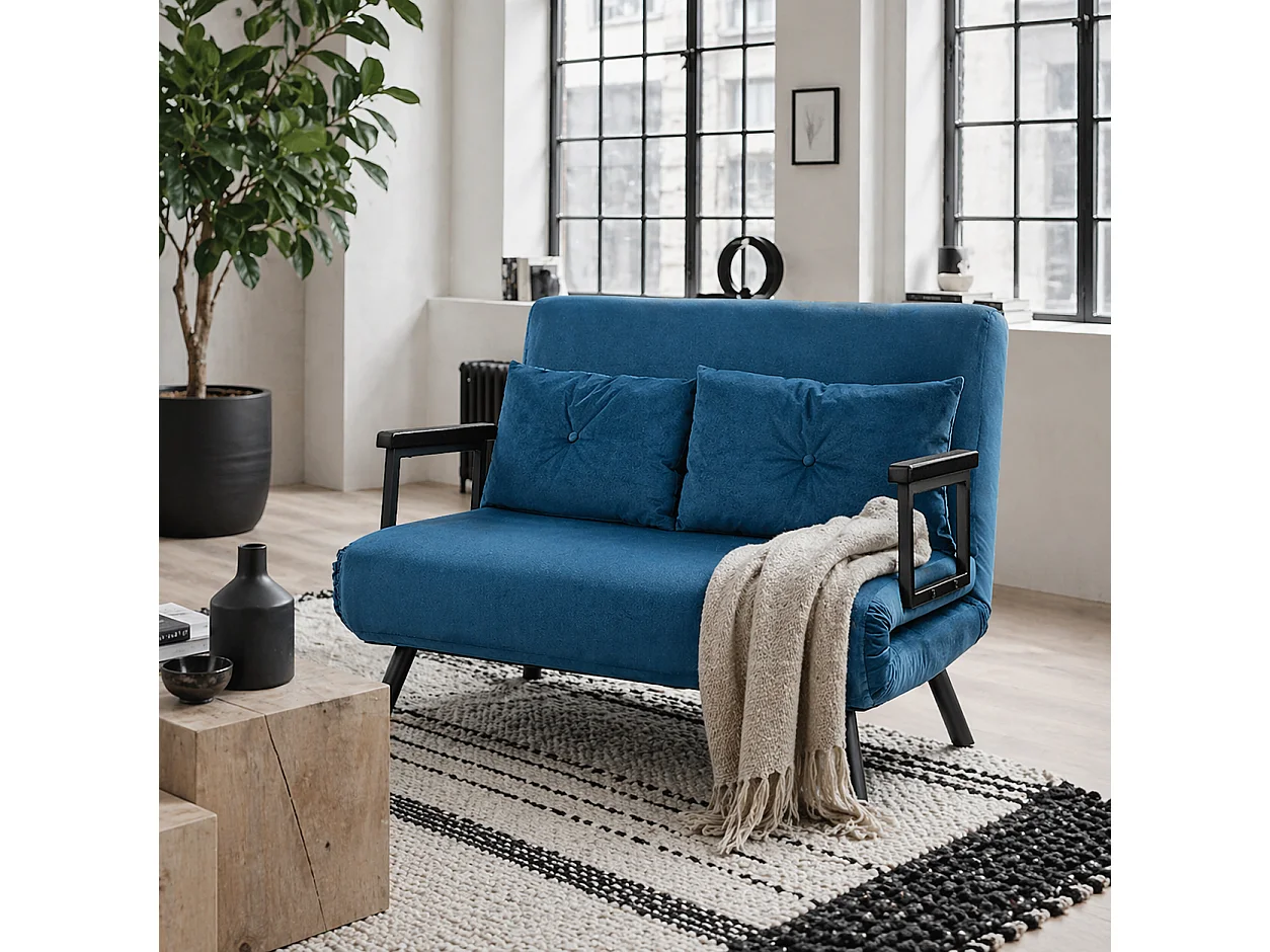 Lenasu Nasa Velvet Feel Blue 4 in 1 Convertible Double Sofa Bed with Cushions