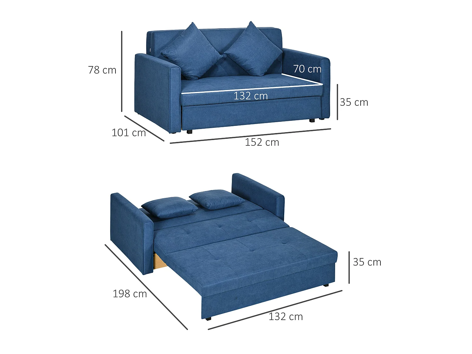 Palani Bayo Deep Blue Snow Flannel 2 Seater Sofa Bed with Hidden Storage and Cushions