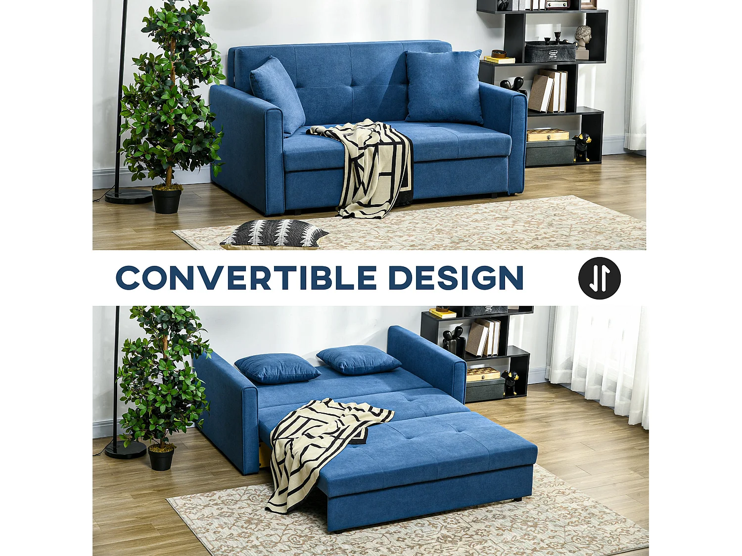 Palani Bayo Deep Blue Snow Flannel 2 Seater Sofa Bed with Hidden Storage and Cushions