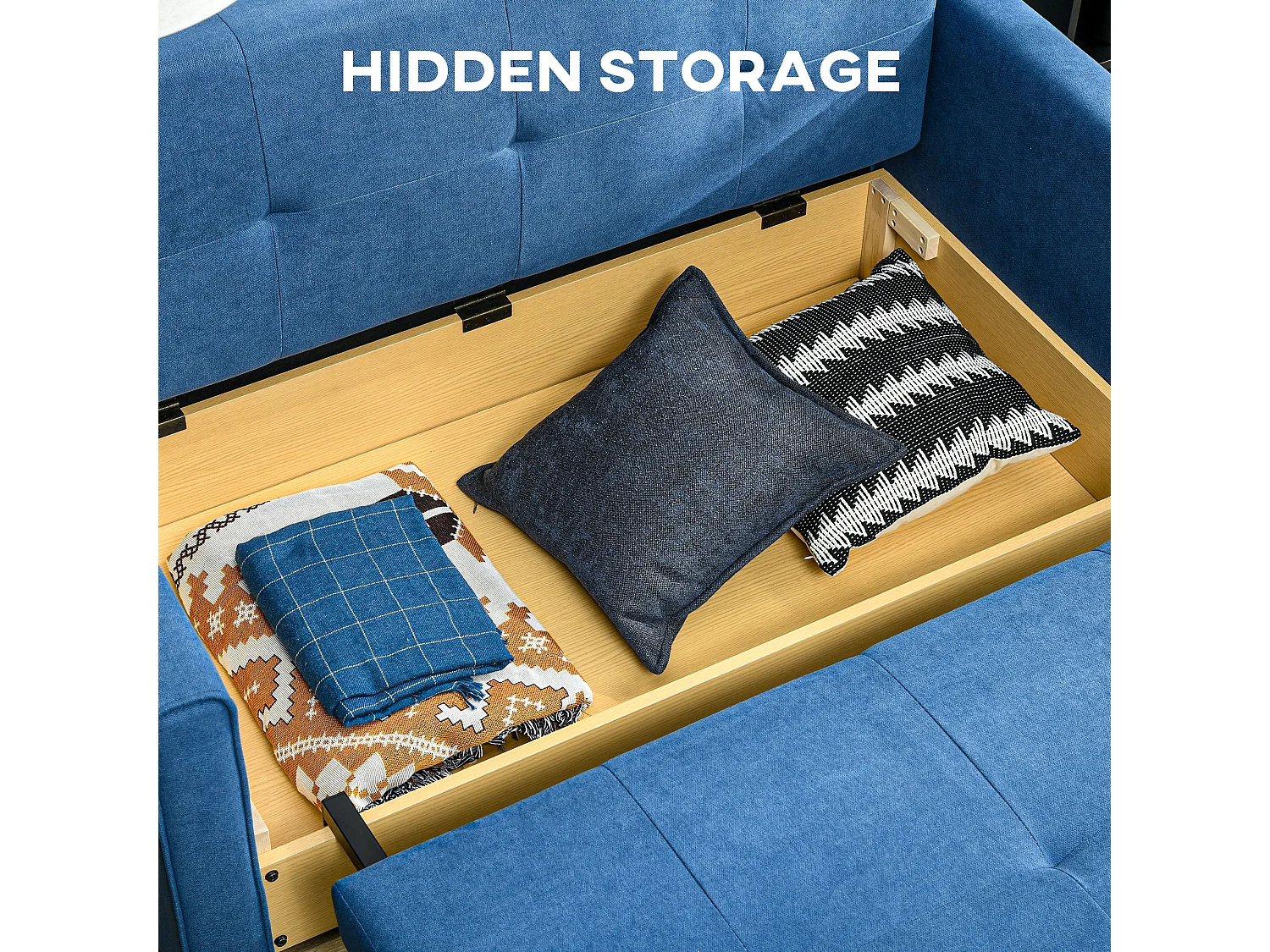 Palani Bayo Deep Blue Snow Flannel 2 Seater Sofa Bed with Hidden Storage and Cushions