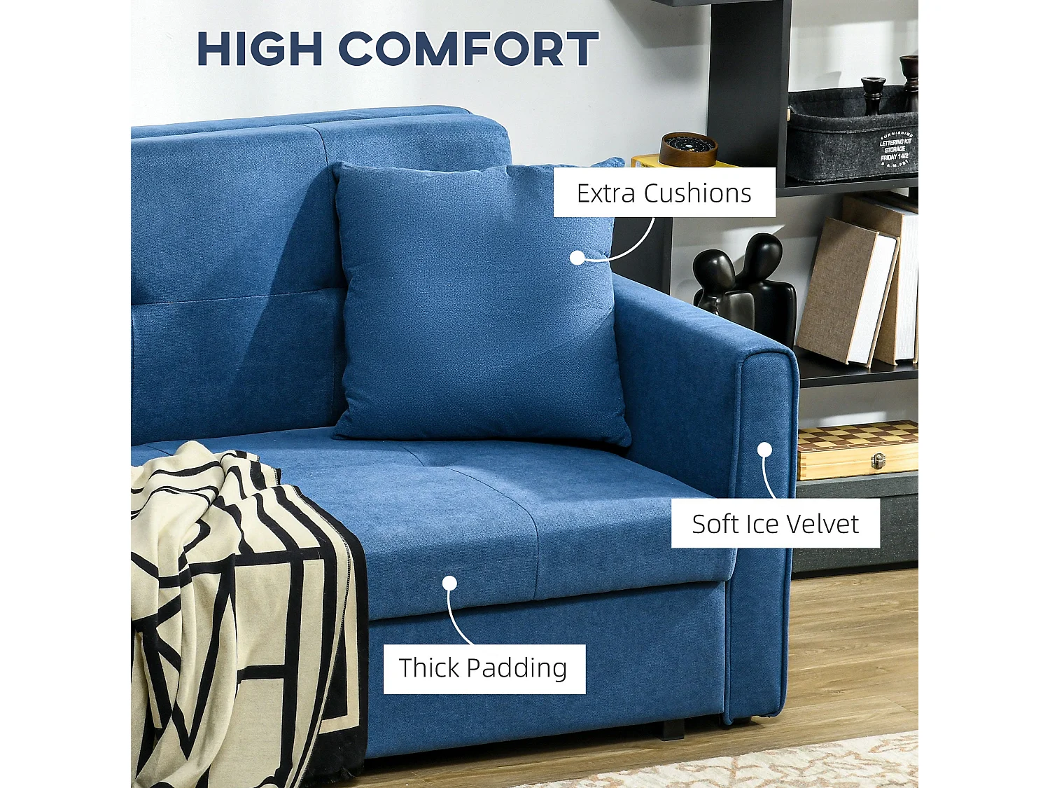 Palani Bayo Deep Blue Snow Flannel 2 Seater Sofa Bed with Hidden Storage and Cushions