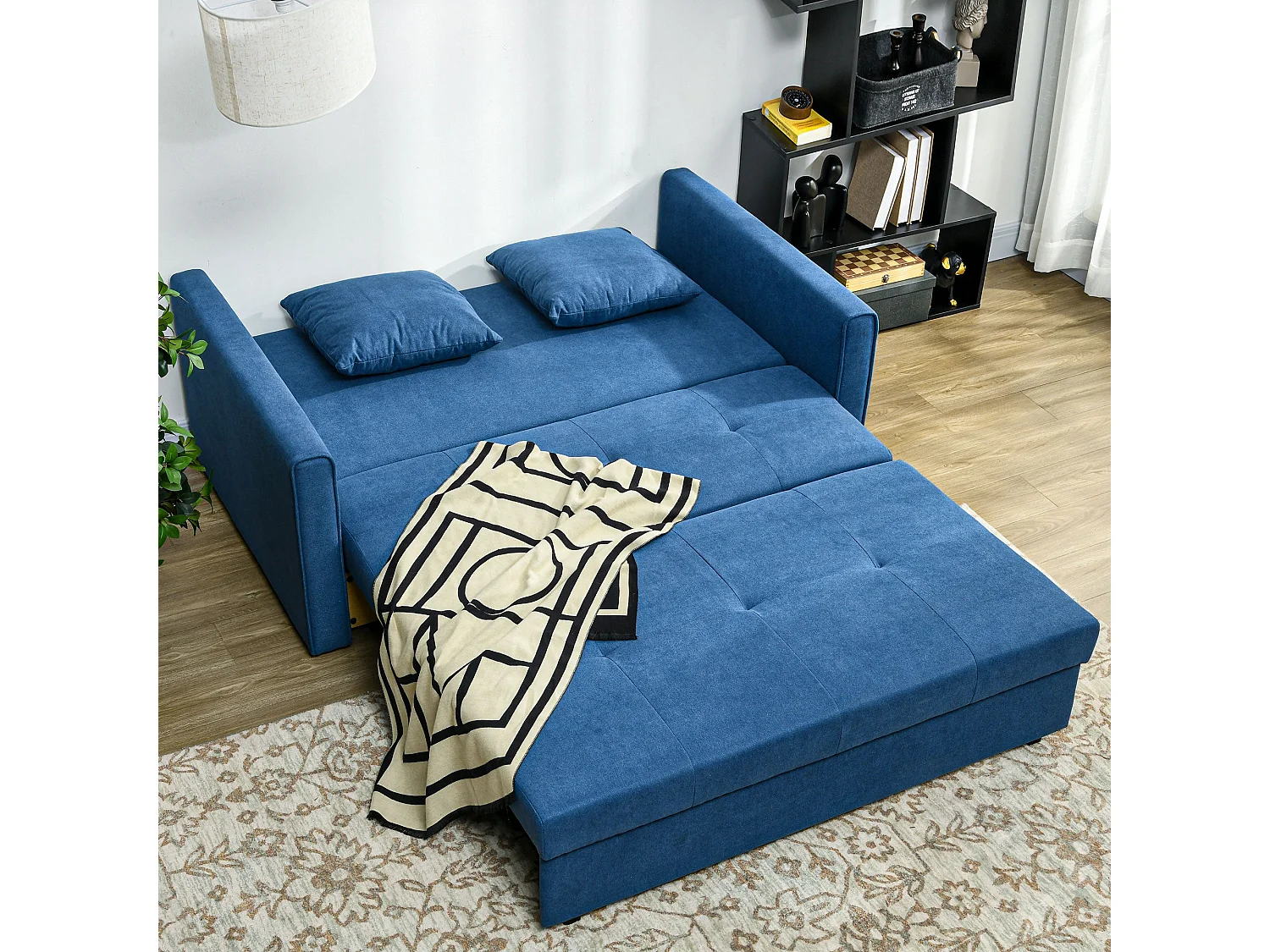 Palani Bayo Deep Blue Snow Flannel 2 Seater Sofa Bed with Hidden Storage and Cushions