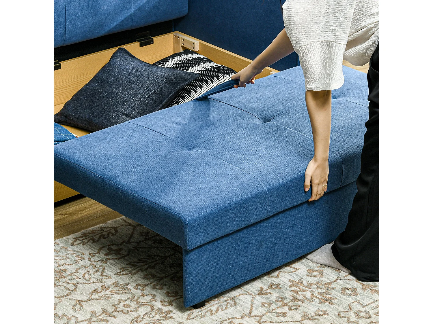 Palani Bayo Deep Blue Snow Flannel 2 Seater Sofa Bed with Hidden Storage and Cushions