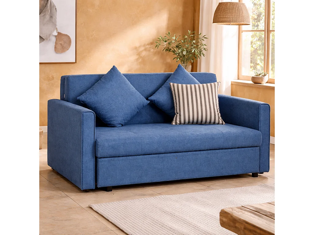 Palani Bayo Deep Blue Snow Flannel 2 Seater Sofa Bed with Hidden Storage and Cushions