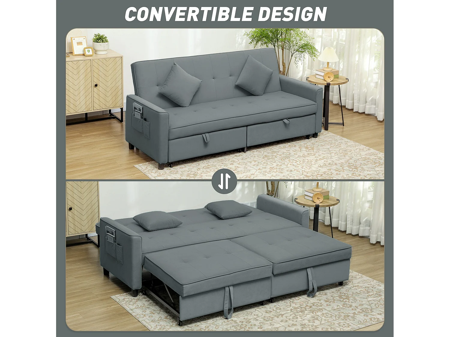 Senosa Grey Velvet Feel 3 Seater Convertible Sofa Bed Tufted