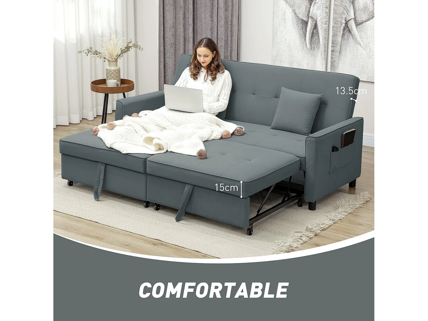 Senosa Grey Velvet Feel 3 Seater Convertible Sofa Bed Tufted