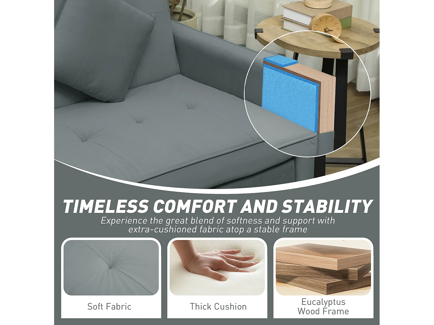 Senosa Grey Velvet Feel 3 Seater Convertible Sofa Bed Tufted