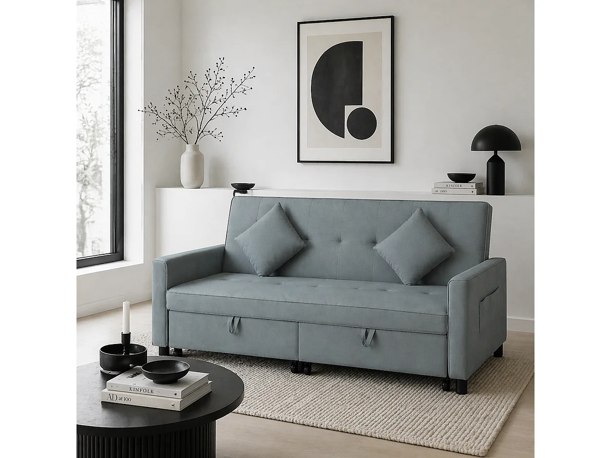 Senosa Grey Velvet Feel 3 Seater Convertible Sofa Bed Tufted