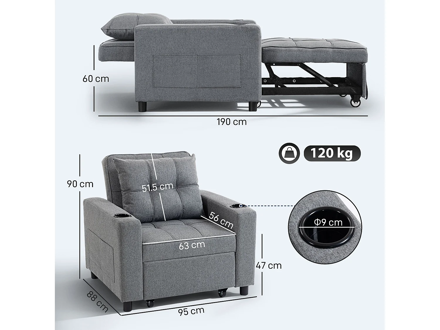 Soliri 3 in 1 Convertible Single Sofa Bed Dark Grey Tufted Cushion