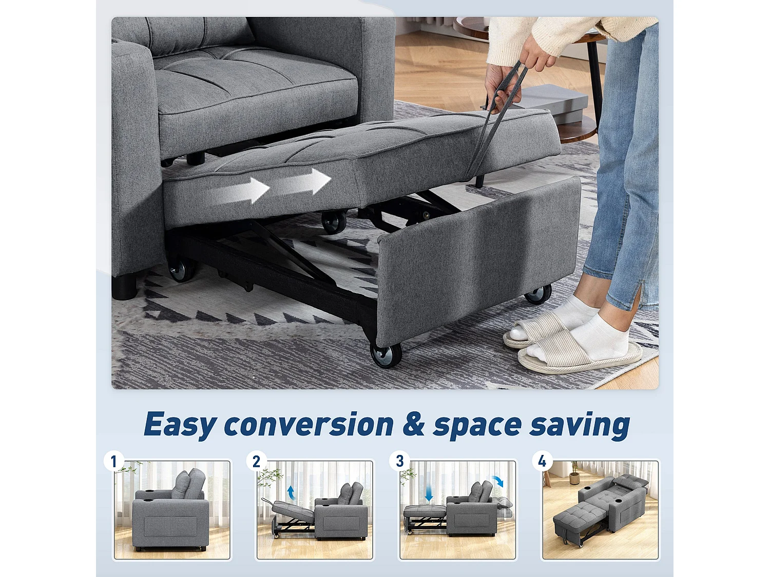 Soliri 3 in 1 Convertible Single Sofa Bed Dark Grey Tufted Cushion