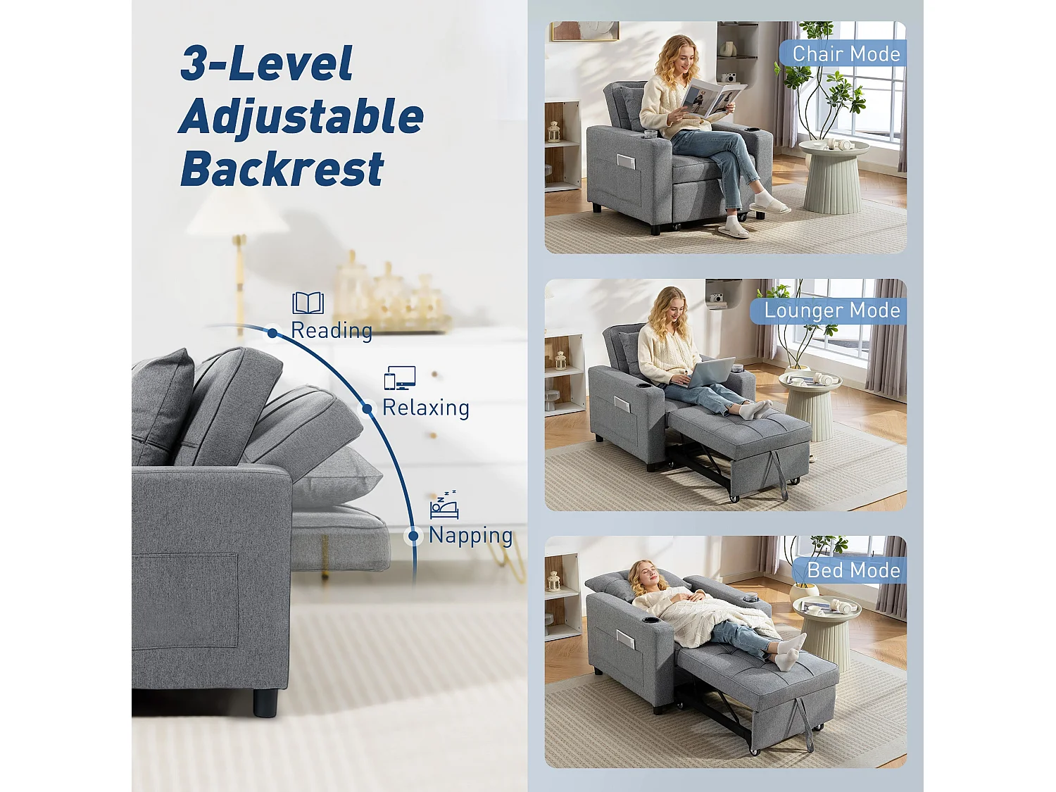 Soliri 3 in 1 Convertible Single Sofa Bed Dark Grey Tufted Cushion