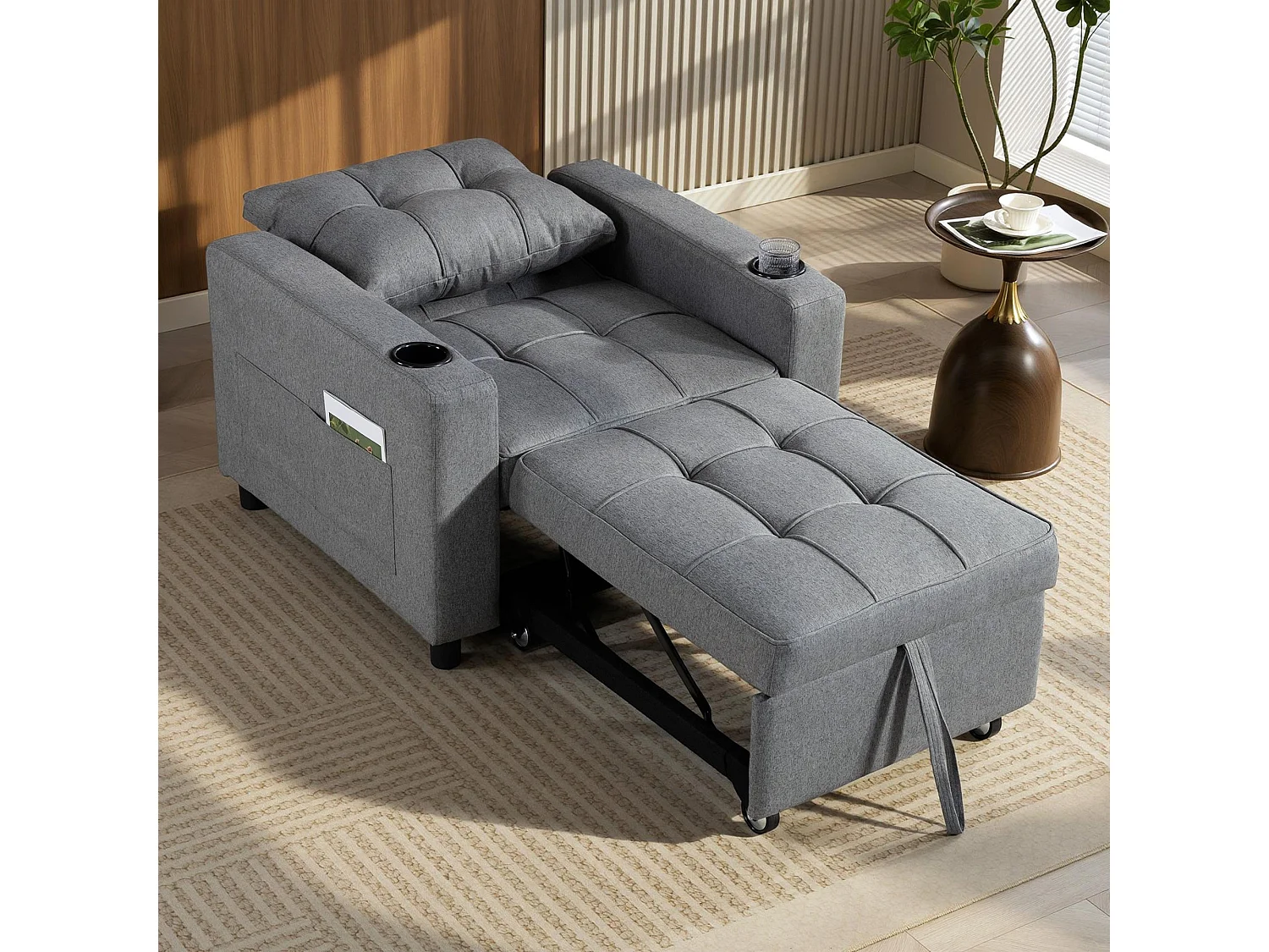 Soliri 3 in 1 Convertible Single Sofa Bed Dark Grey Tufted Cushion