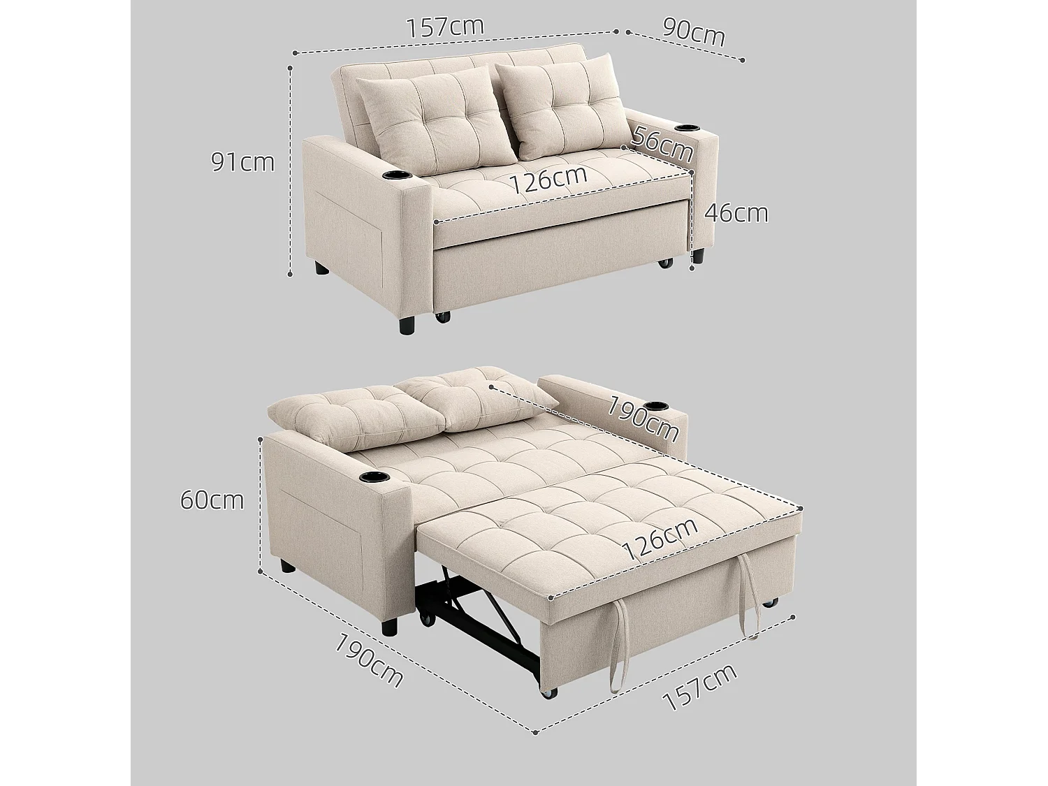 Kari Beige 2 Seater Pull Out Sofa Bed Linen Look 3 Position Backrest Storage