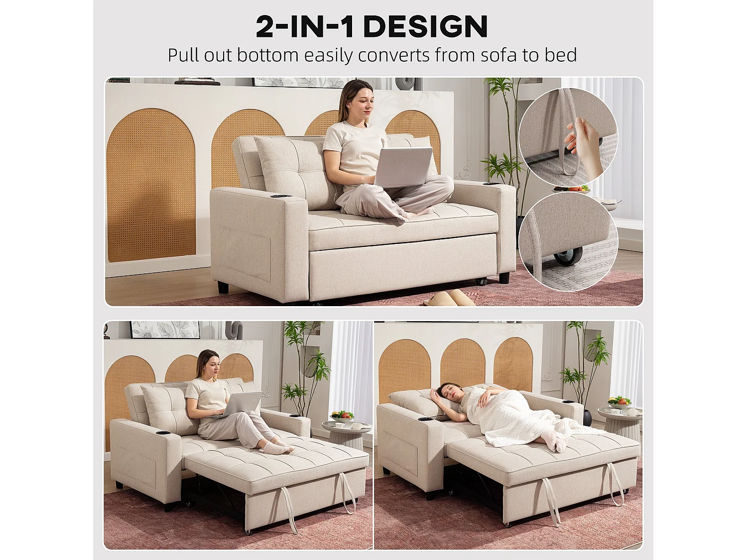Kari Beige 2 Seater Pull Out Sofa Bed Linen Look 3 Position Backrest Storage