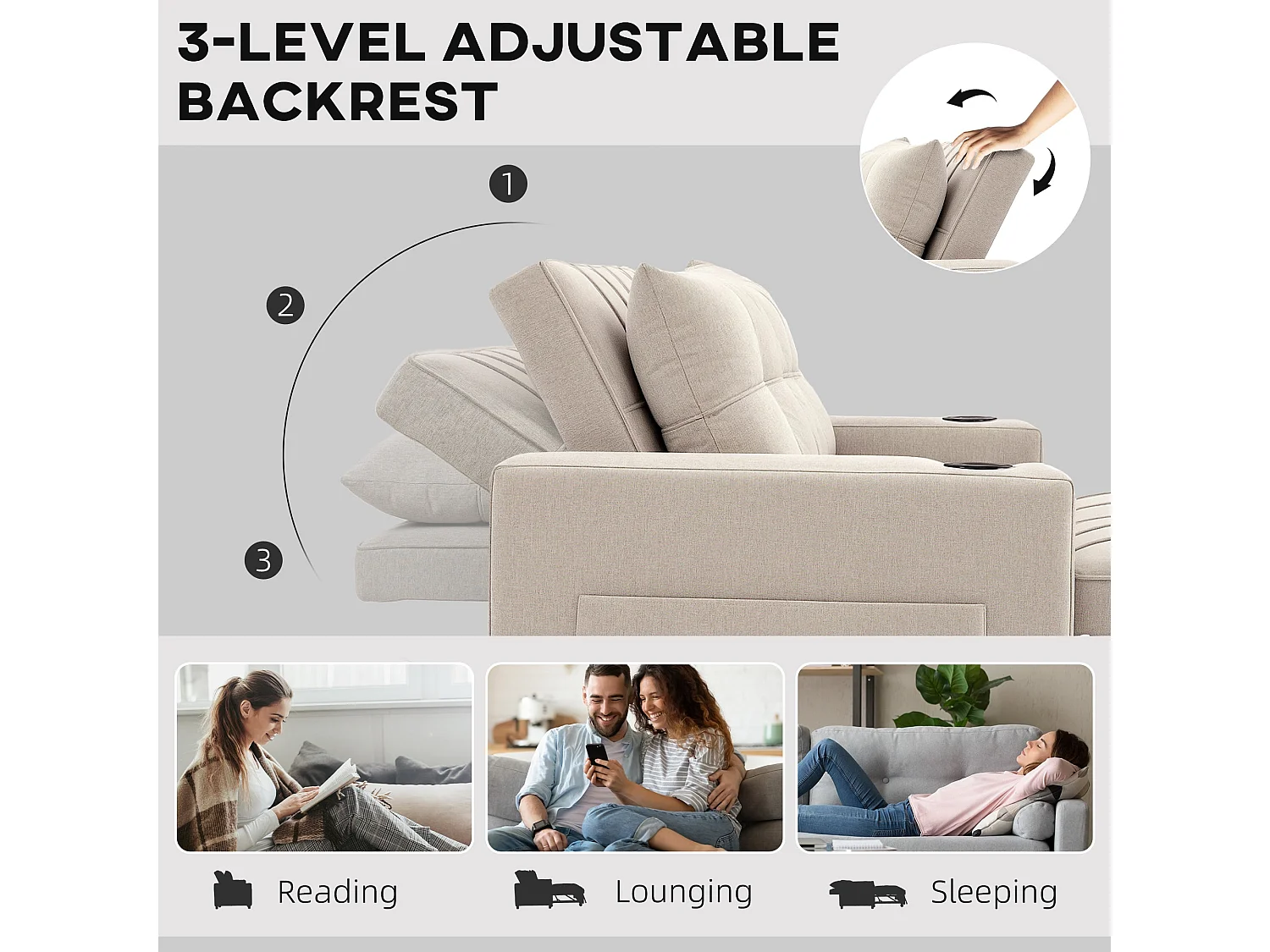Kari Beige 2 Seater Pull Out Sofa Bed Linen Look 3 Position Backrest Storage
