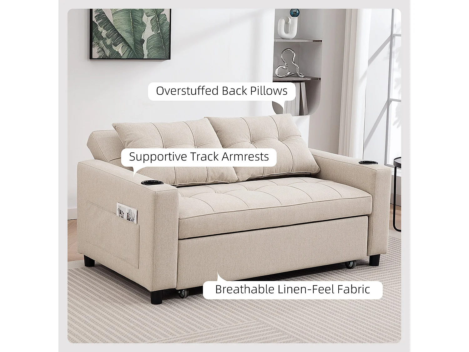 Kari Beige 2 Seater Pull Out Sofa Bed Linen Look 3 Position Backrest Storage