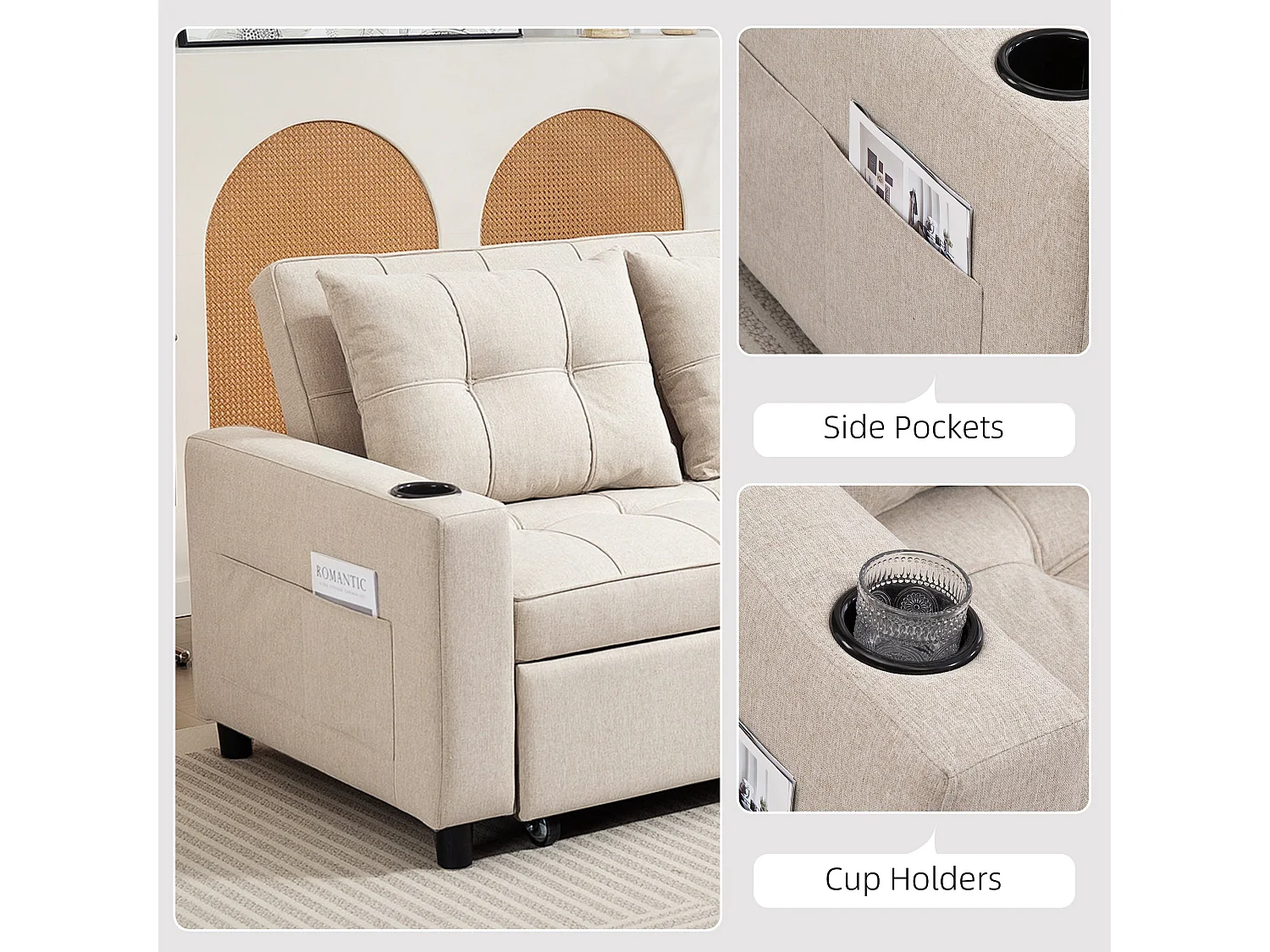 Kari Beige 2 Seater Pull Out Sofa Bed Linen Look 3 Position Backrest Storage