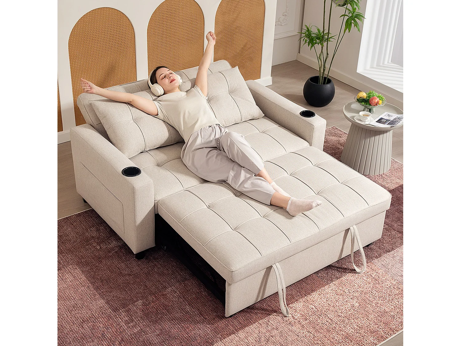 Kari Beige 2 Seater Pull Out Sofa Bed Linen Look 3 Position Backrest Storage