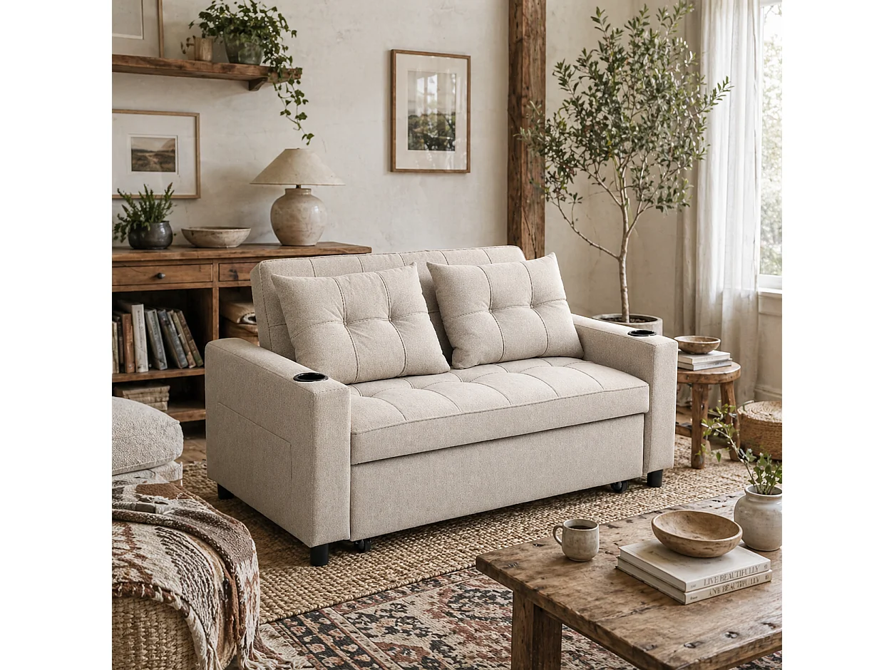 Kari Beige 2 Seater Pull Out Sofa Bed Linen Look 3 Position Backrest Storage