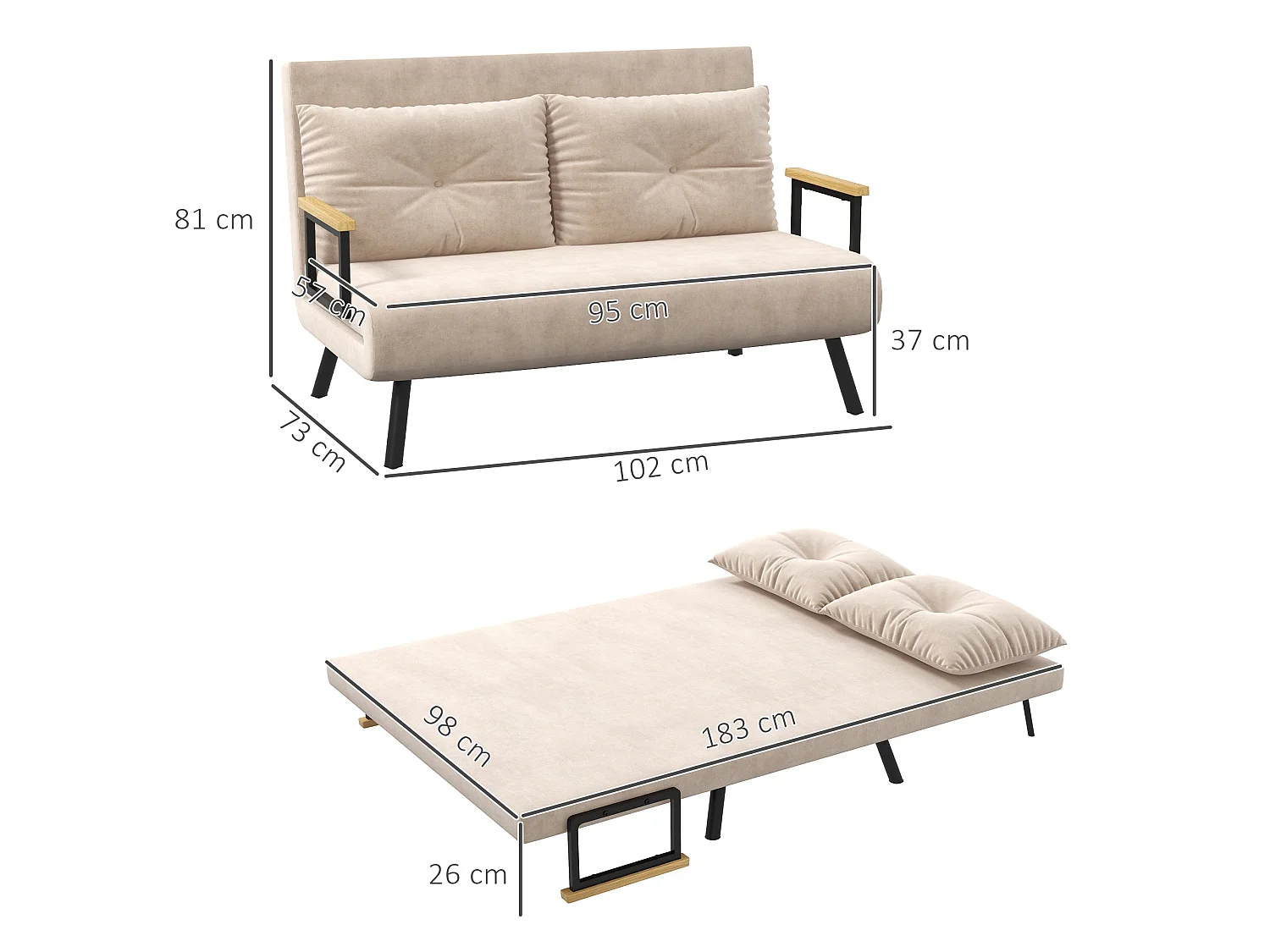 Vaziva Velvet Beige 4 in 1 Convertible Double Sofa Bed with Cushions