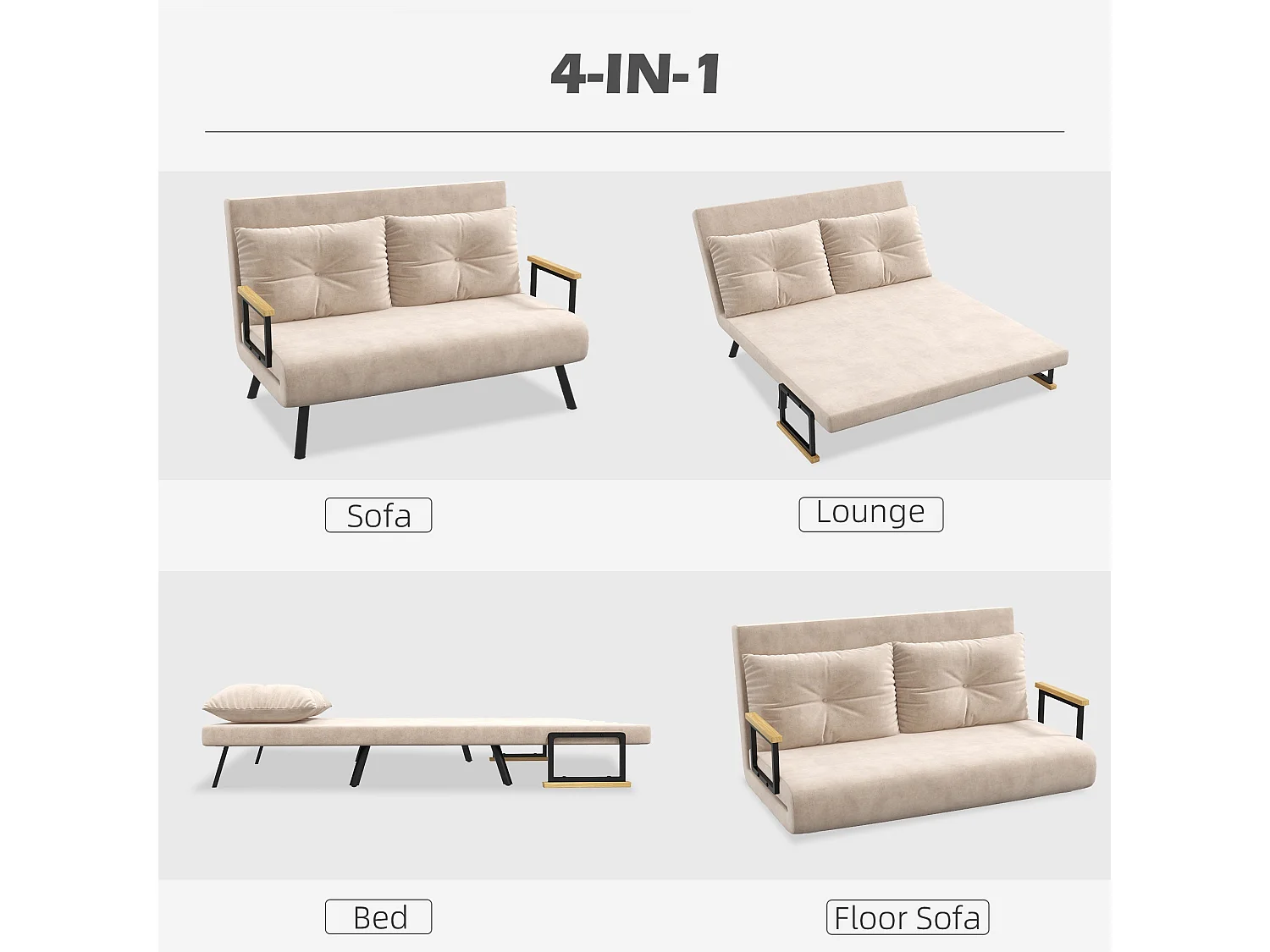 Vaziva Velvet Beige 4 in 1 Convertible Double Sofa Bed with Cushions