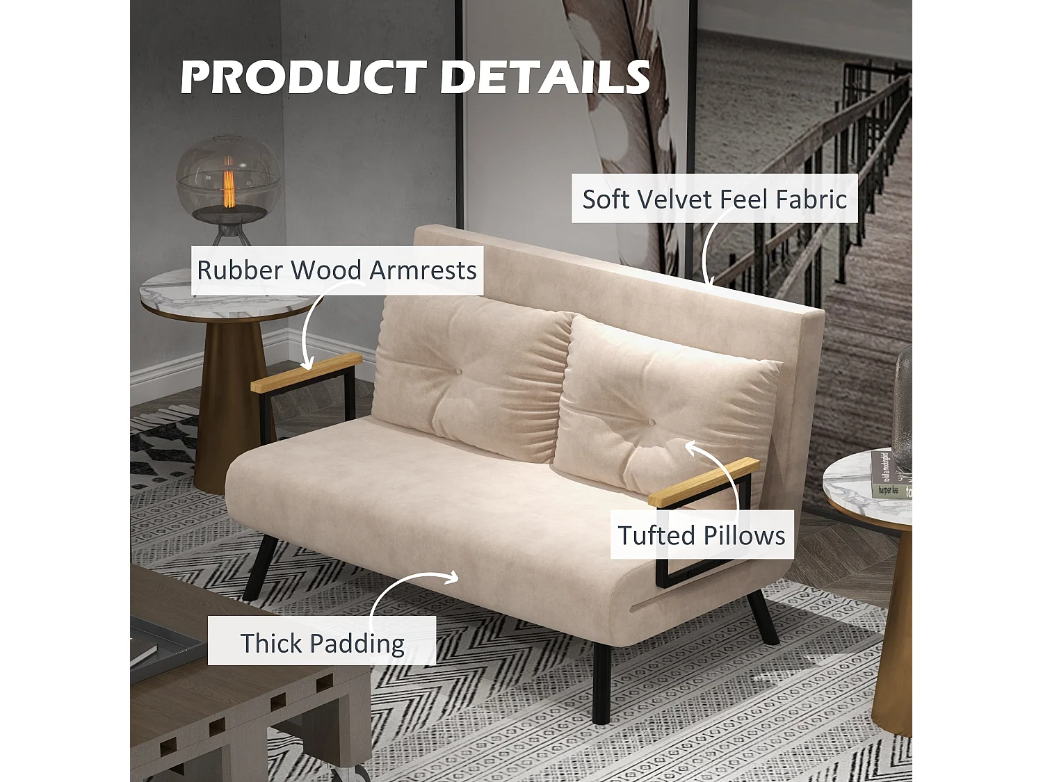 Vaziva Velvet Beige 4 in 1 Convertible Double Sofa Bed with Cushions