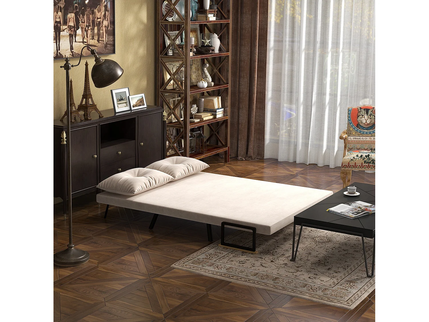 Vaziva Velvet Beige 4 in 1 Convertible Double Sofa Bed with Cushions