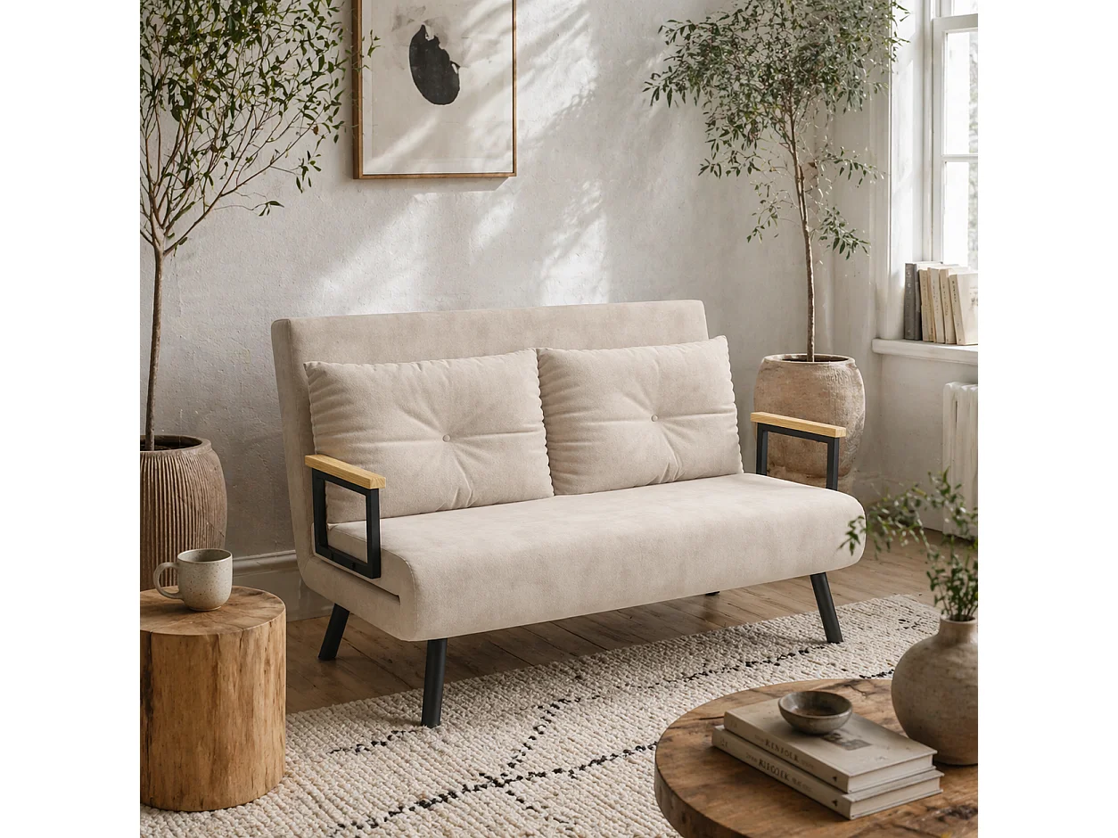 Vaziva Velvet Beige 4 in 1 Convertible Double Sofa Bed with Cushions
