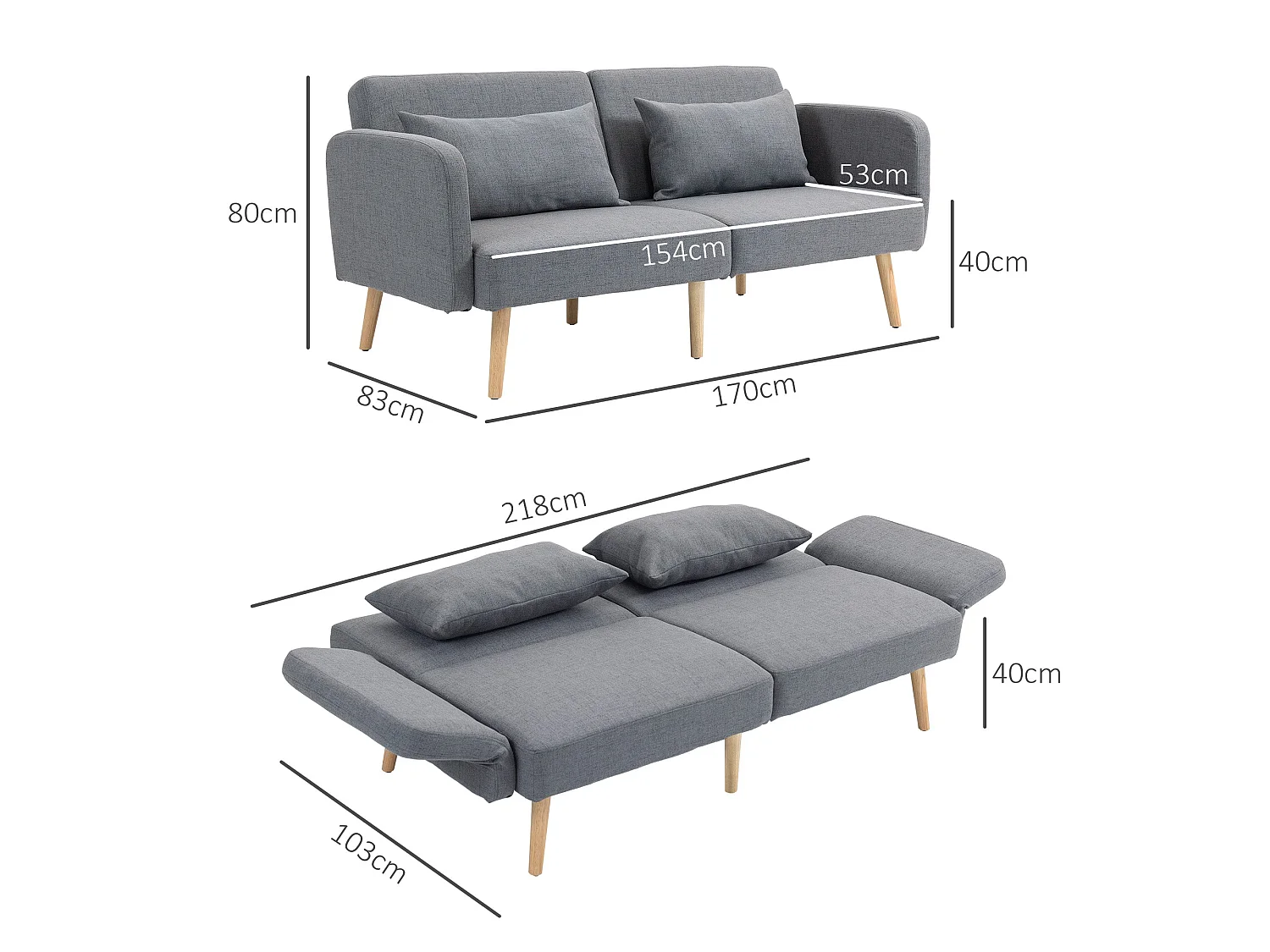 Torive Nove Grey 2 Seater Click Clack Sofa Bed with Cushions